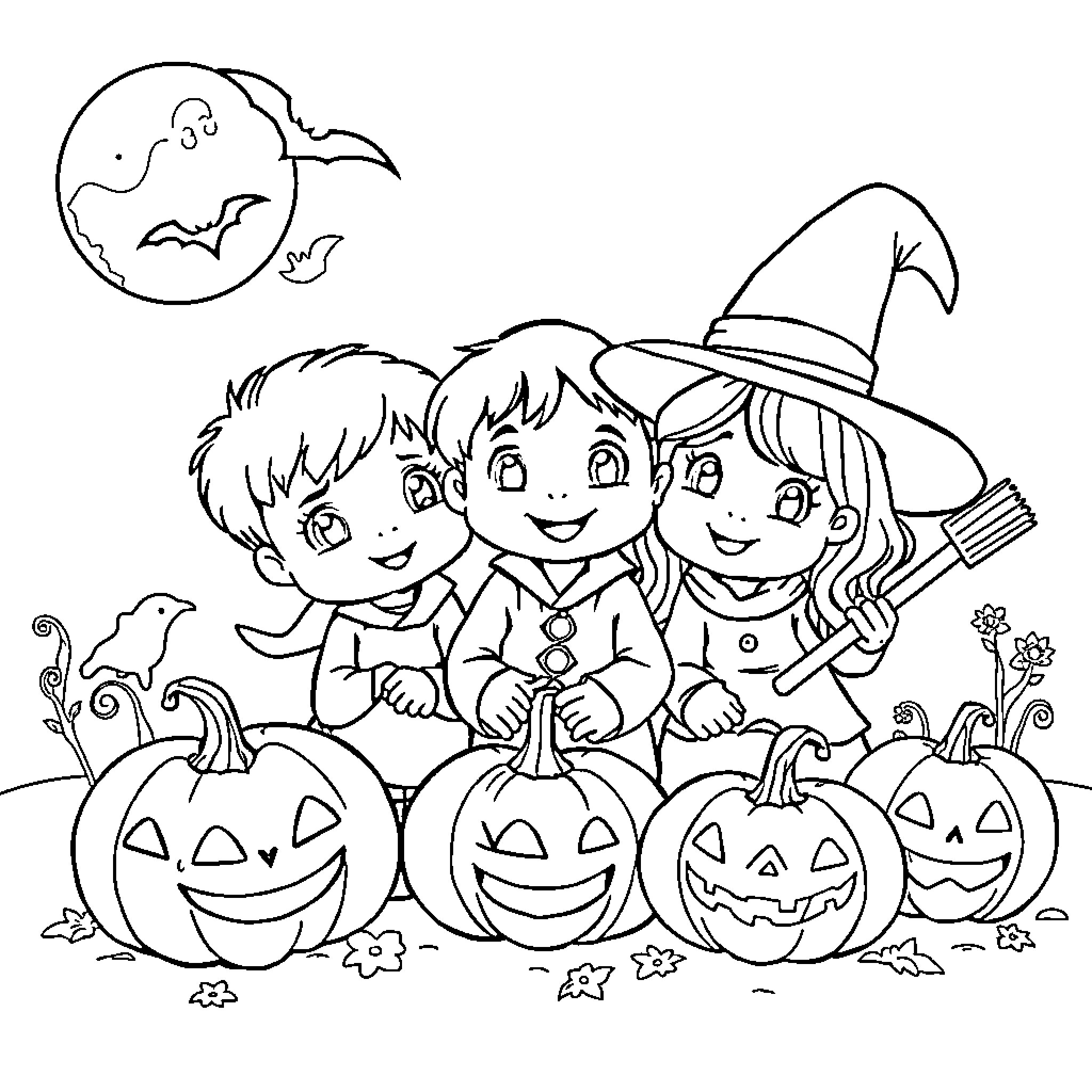 Halloween Trick-or-Treaters Enjoying the Holiday Coloring Page (free black-and-white line drawing printable PDF for all, from beginners to advanced learners, including children, teens, adults, and seniors)