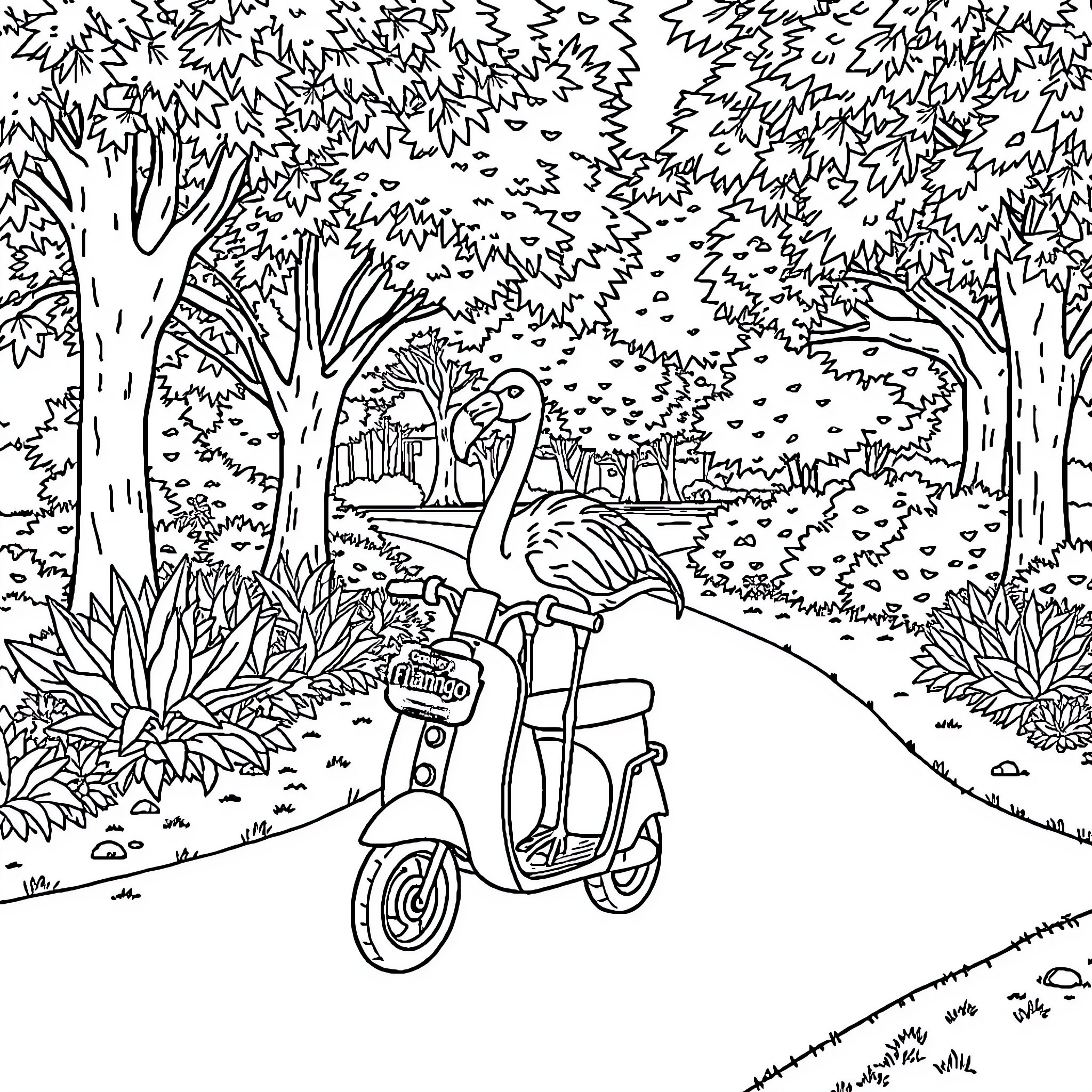 Flamingo riding a scooter through a lush forest Coloring Page (free black-and-white line drawing printable PDF for all, from beginners to advanced learners, including children, teens, adults, and seniors)