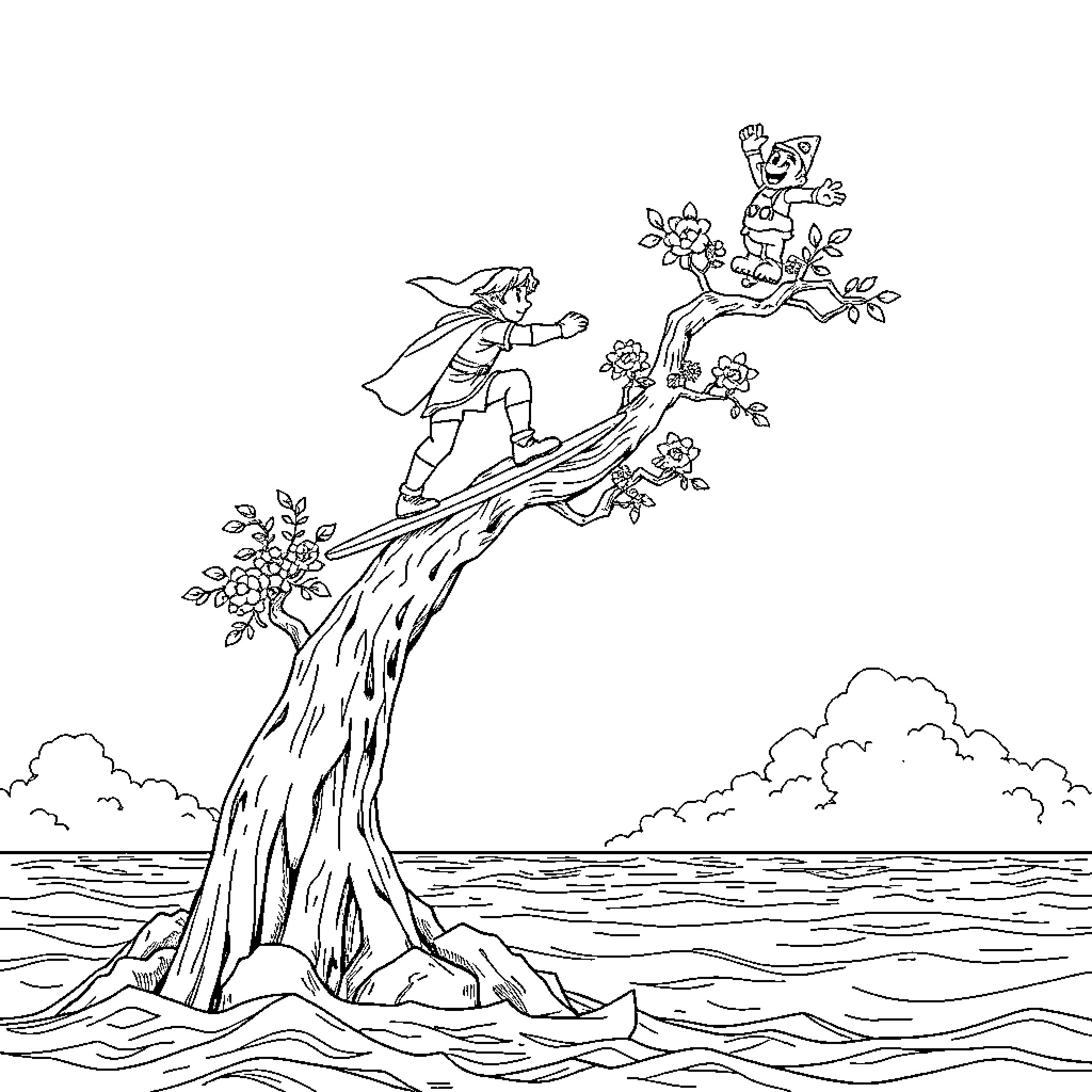 Link exploring a surreal tree by the sea Coloring Page (free black-and-white line drawing printable PDF for all, from beginners to advanced learners, including children, teens, adults, and seniors)