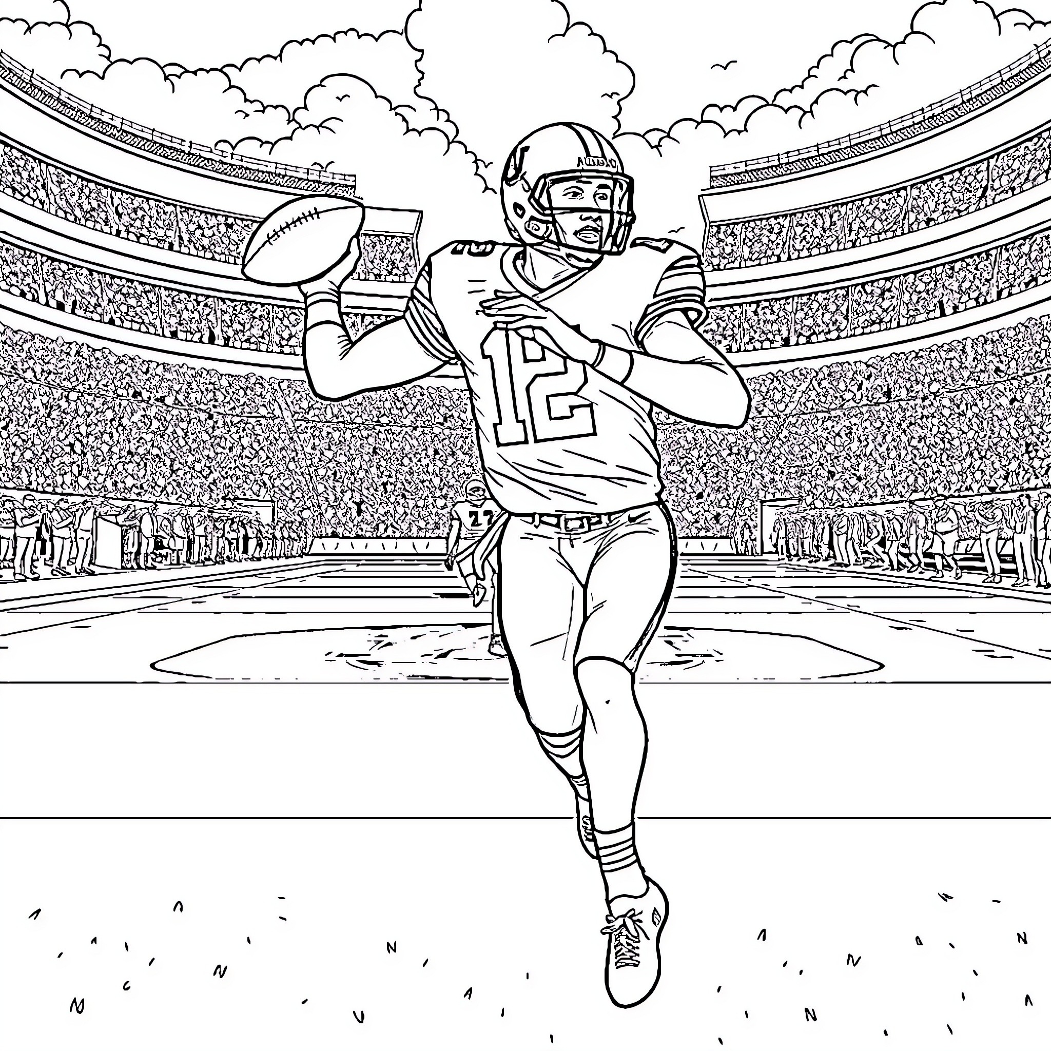 Cam Newton Throwing a Football in a Stadium Coloring Page (free black-and-white line drawing printable PDF for all, from beginners to advanced learners, including children, teens, adults, and seniors)