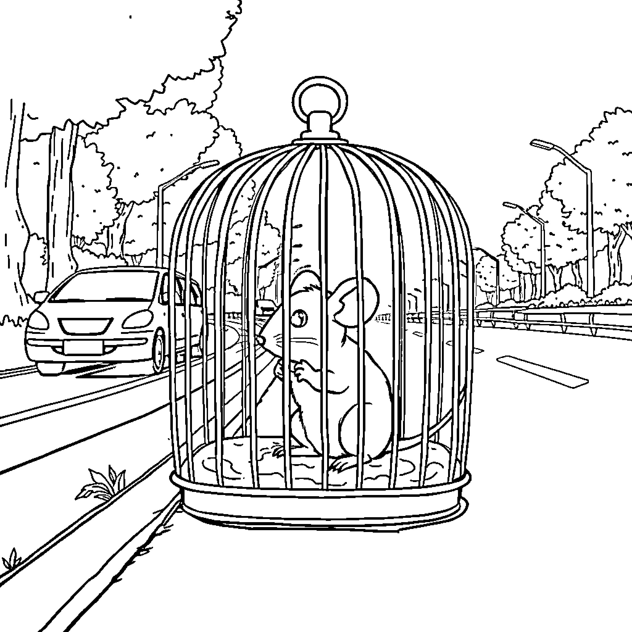 Mouse trapped in a cage on the street Coloring Page (free black-and-white line drawing printable PDF for all, from beginners to advanced learners, including children, teens, adults, and seniors)