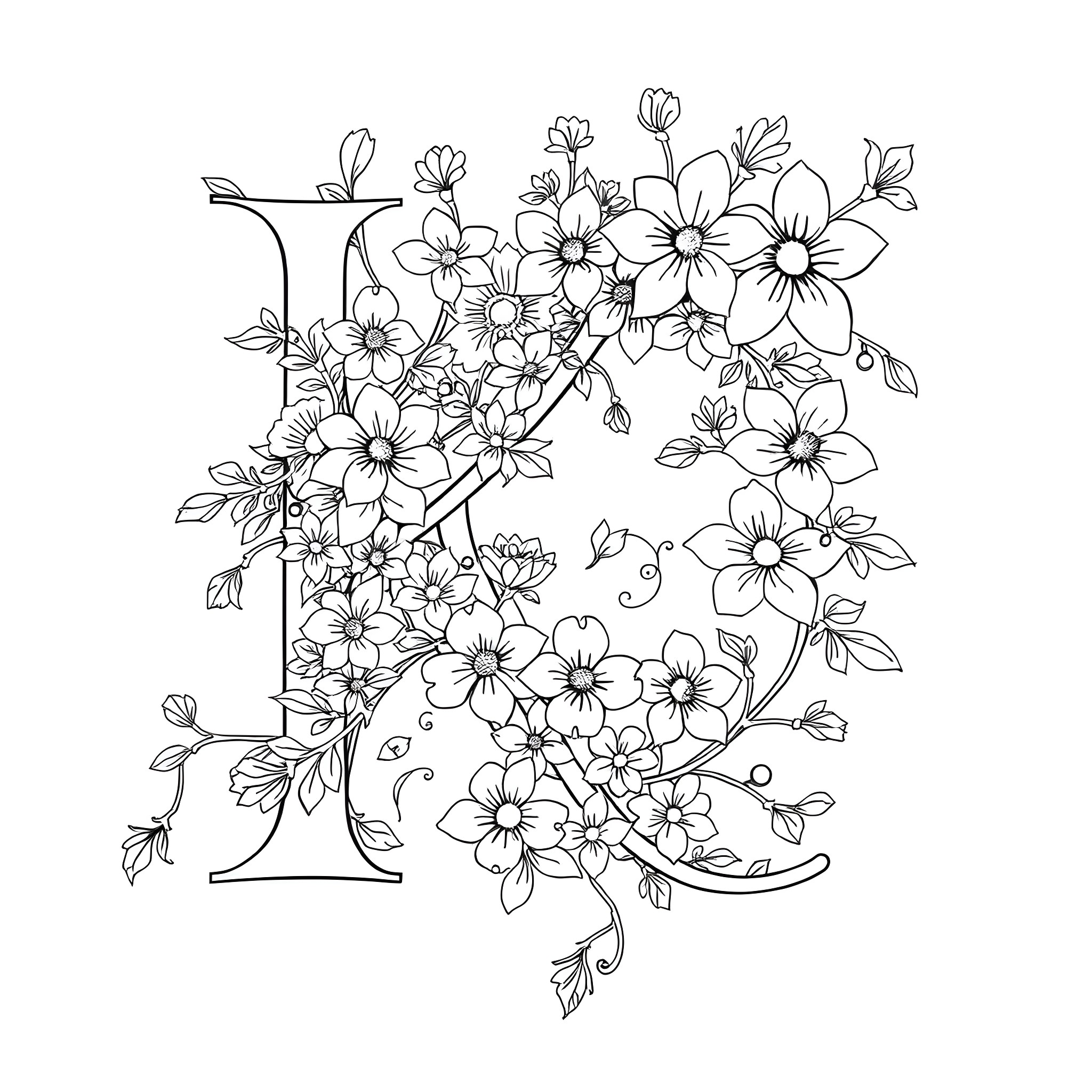 Kinetic Floral Arrangement Illustration Coloring Page (free black-and-white line drawing printable PDF for all, from beginners to advanced learners, including children, teens, adults, and seniors)