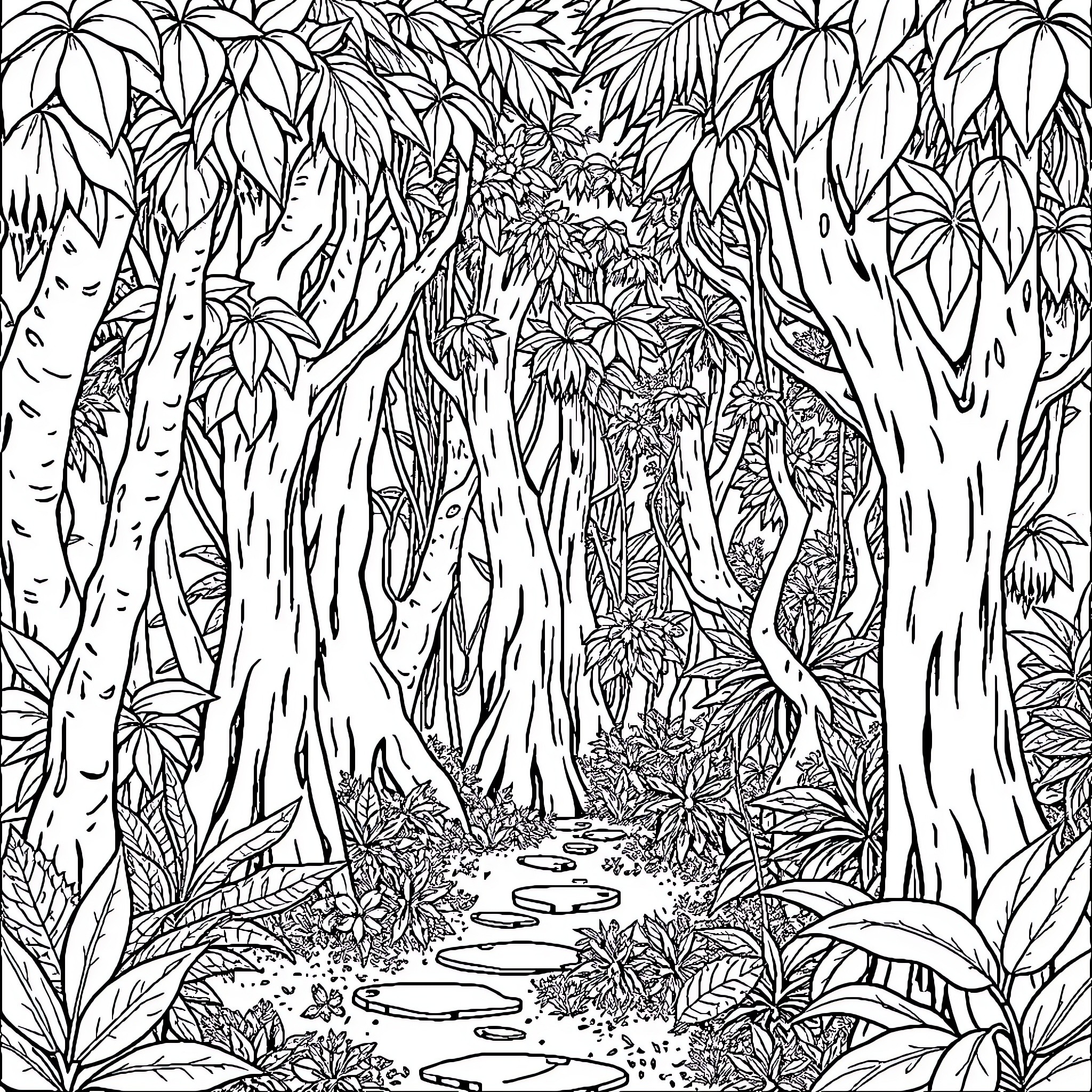 Village in a dense tropical jungle Coloring Page (free black-and-white line drawing printable PDF for all, from beginners to advanced learners, including children, teens, adults, and seniors)