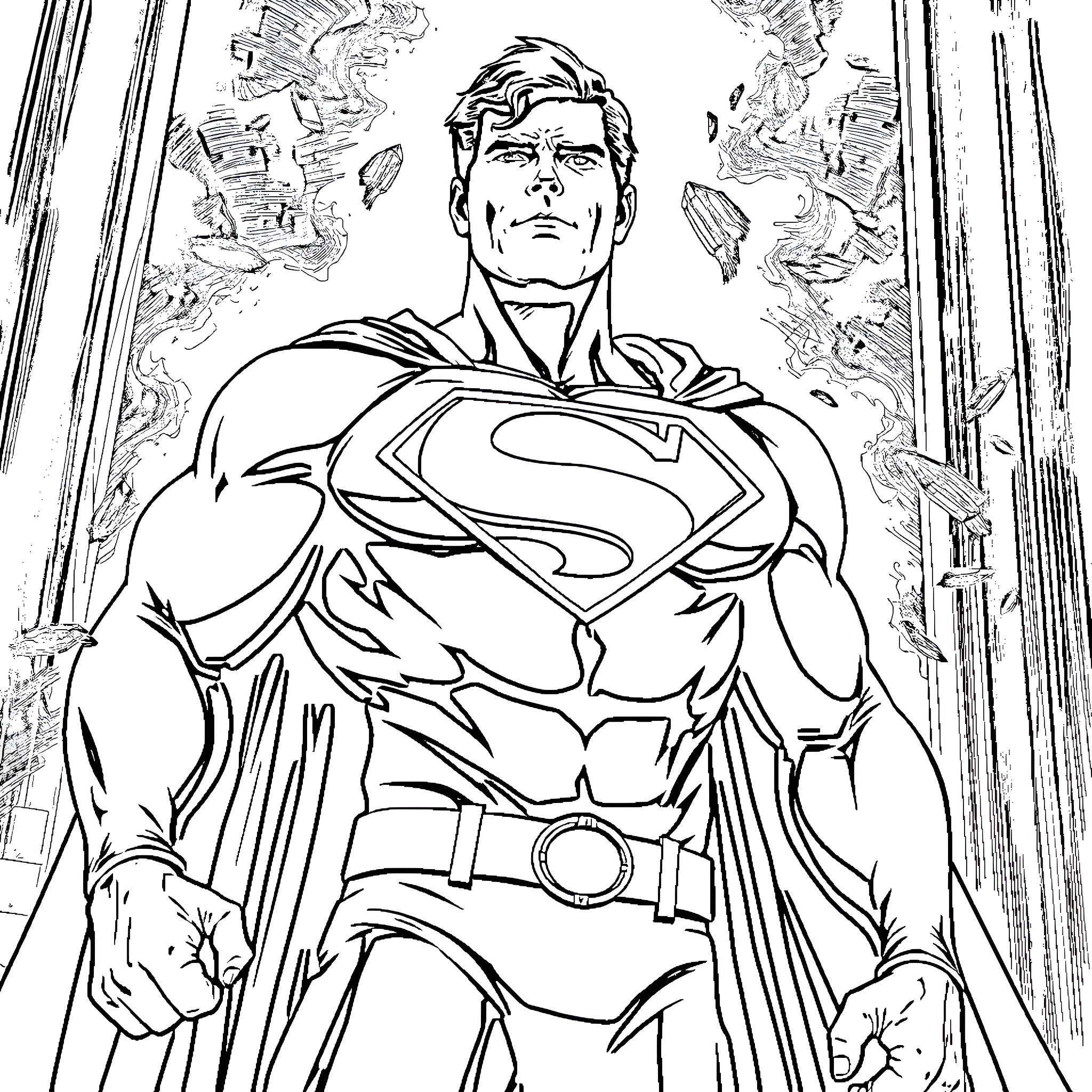 Superman heroically standing tall in action pose Coloring Page (free black-and-white line drawing printable PDF for all, from beginners to advanced learners, including children, teens, adults, and seniors)