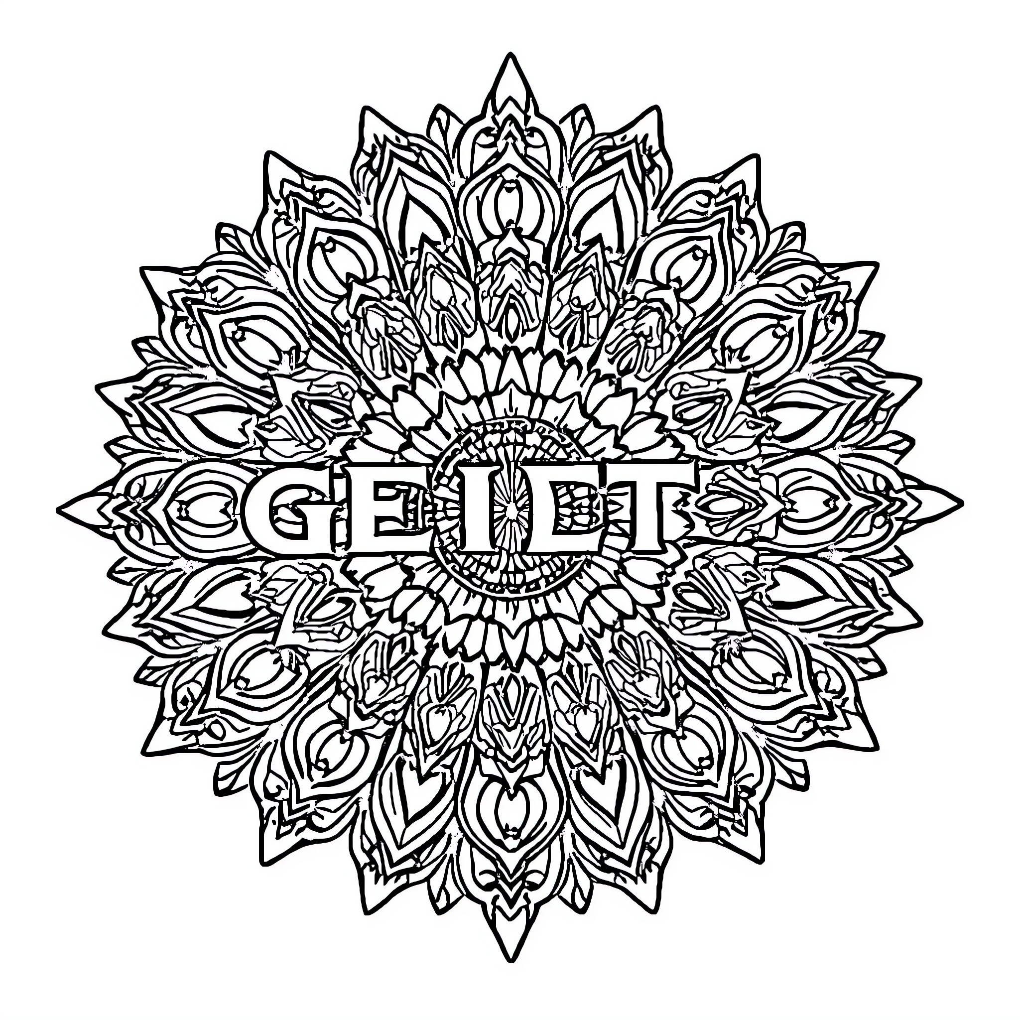 Mandala with intricate floral design and text Coloring Page (free black-and-white line drawing printable PDF for all, from beginners to advanced learners, including children, teens, adults, and seniors)