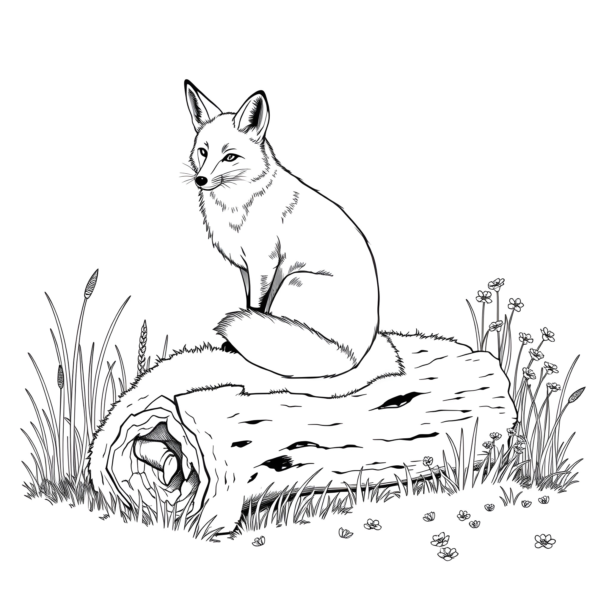 Fox resting peacefully in natural surroundings Coloring Page (free black-and-white line drawing printable PDF for all, from beginners to advanced learners, including children, teens, adults, and seniors)