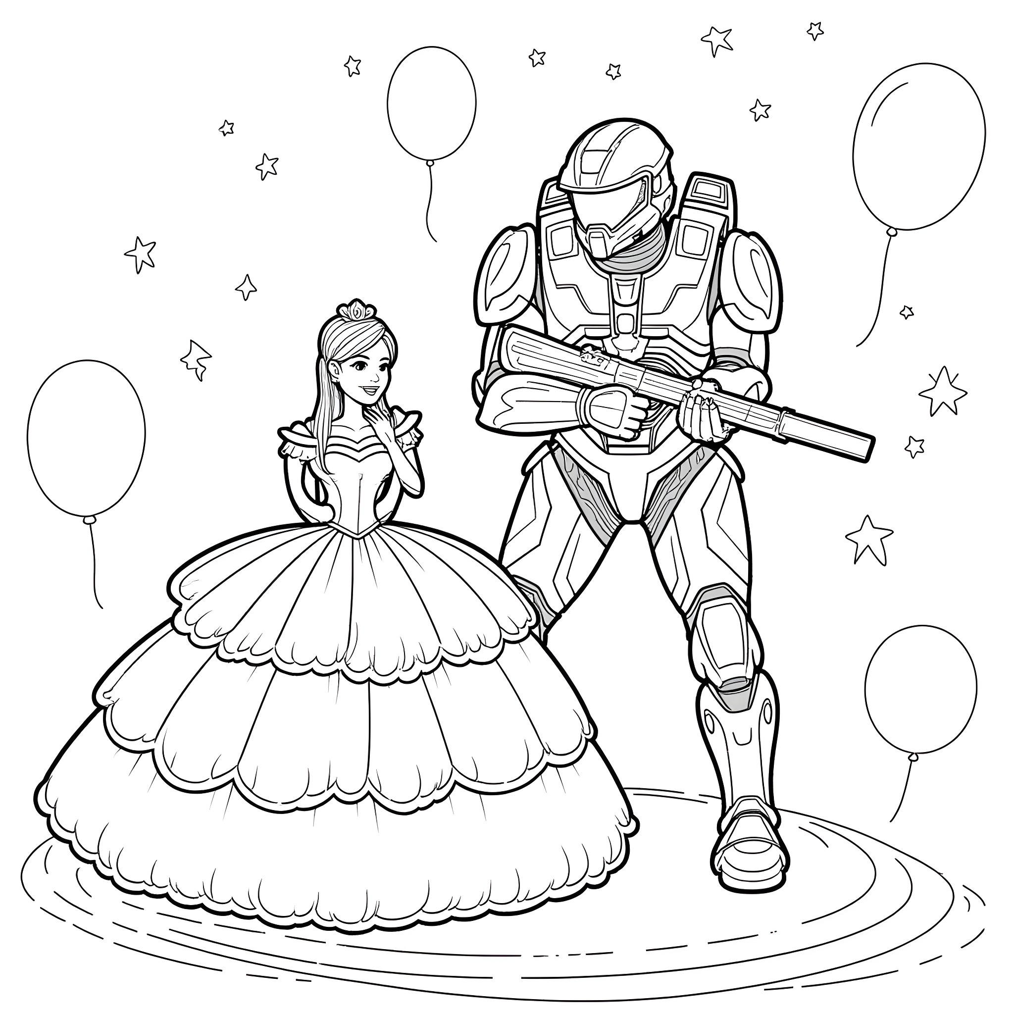 Master Chief and a Princess in a Whimsical Setting Coloring Page (free black-and-white line drawing printable PDF for all, from beginners to advanced learners, including children, teens, adults, and seniors)