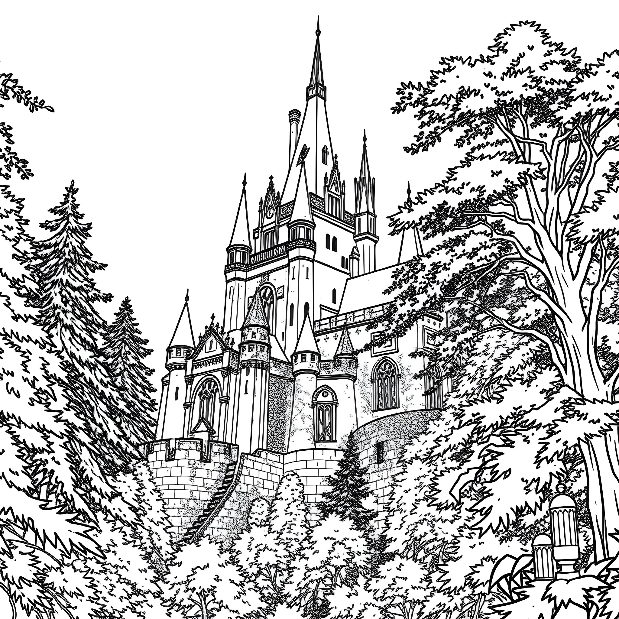 Castle surrounded by enchanting forest Coloring Page (free black-and-white line drawing printable PDF for all, from beginners to advanced learners, including children, teens, adults, and seniors)