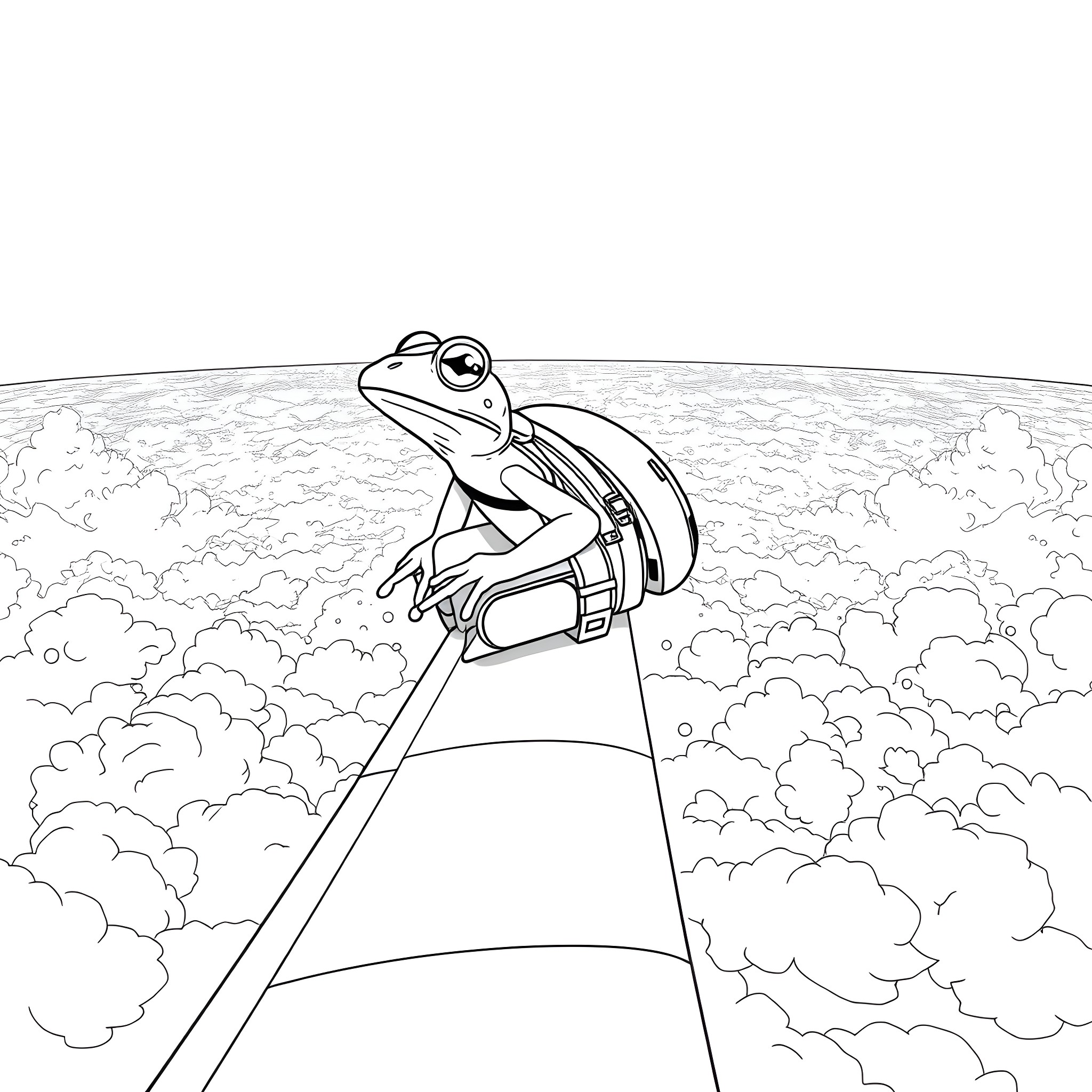 Frog scaling the clouds Coloring Page (free black-and-white line drawing printable PDF for all, from beginners to advanced learners, including children, teens, adults, and seniors)