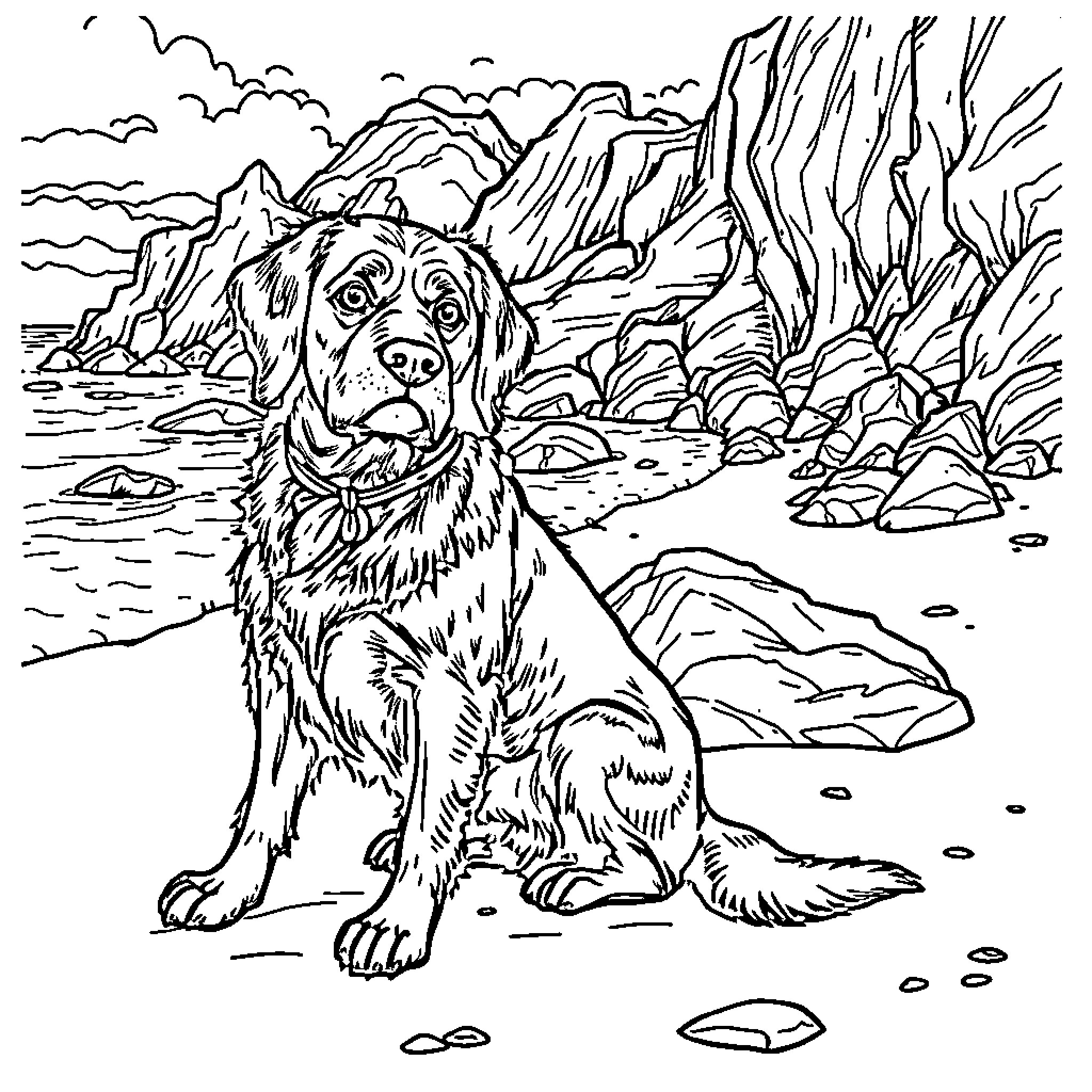 Rover exploring the rugged mountain landscape Coloring Page (free black-and-white line drawing printable PDF for all, from beginners to advanced learners, including children, teens, adults, and seniors)