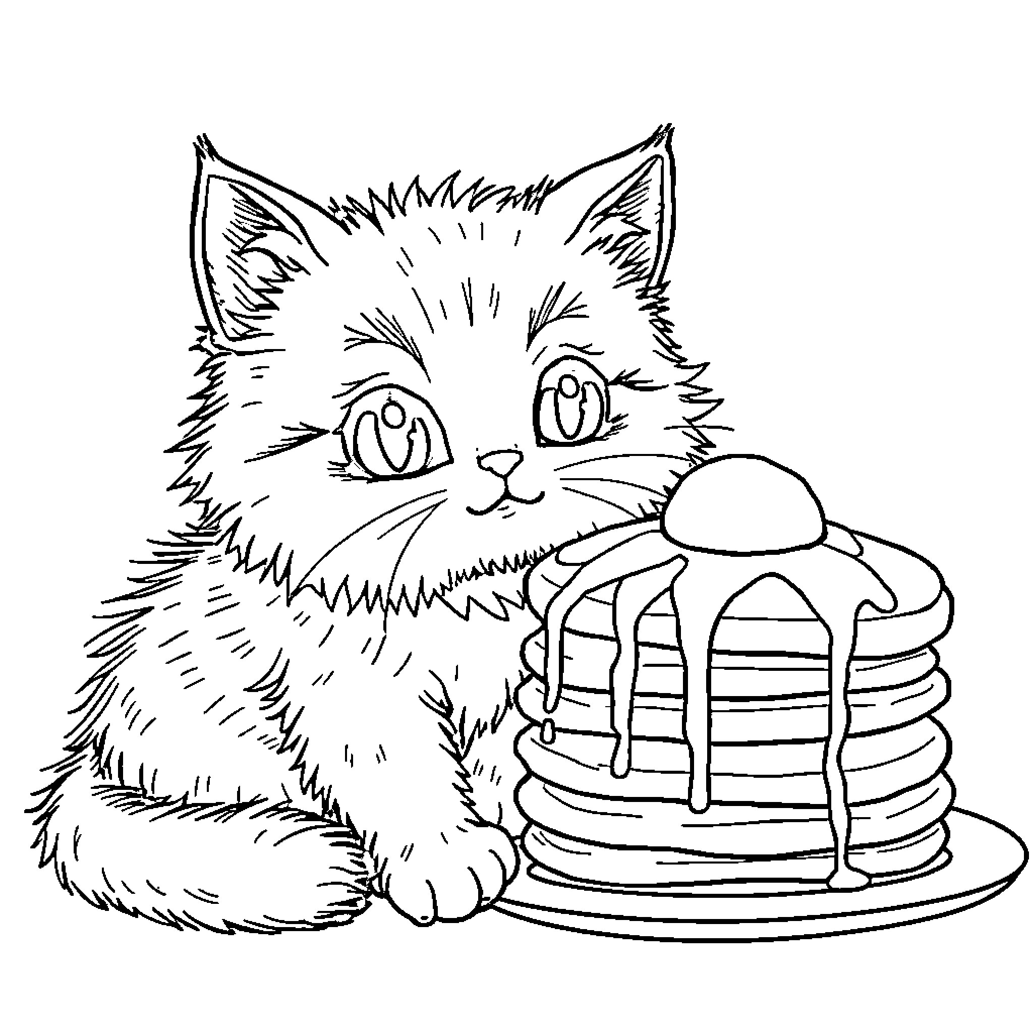 Cat looking at yummy pancakes Coloring Page (free black-and-white line drawing printable PDF for all, from beginners to advanced learners, including children, teens, adults, and seniors)