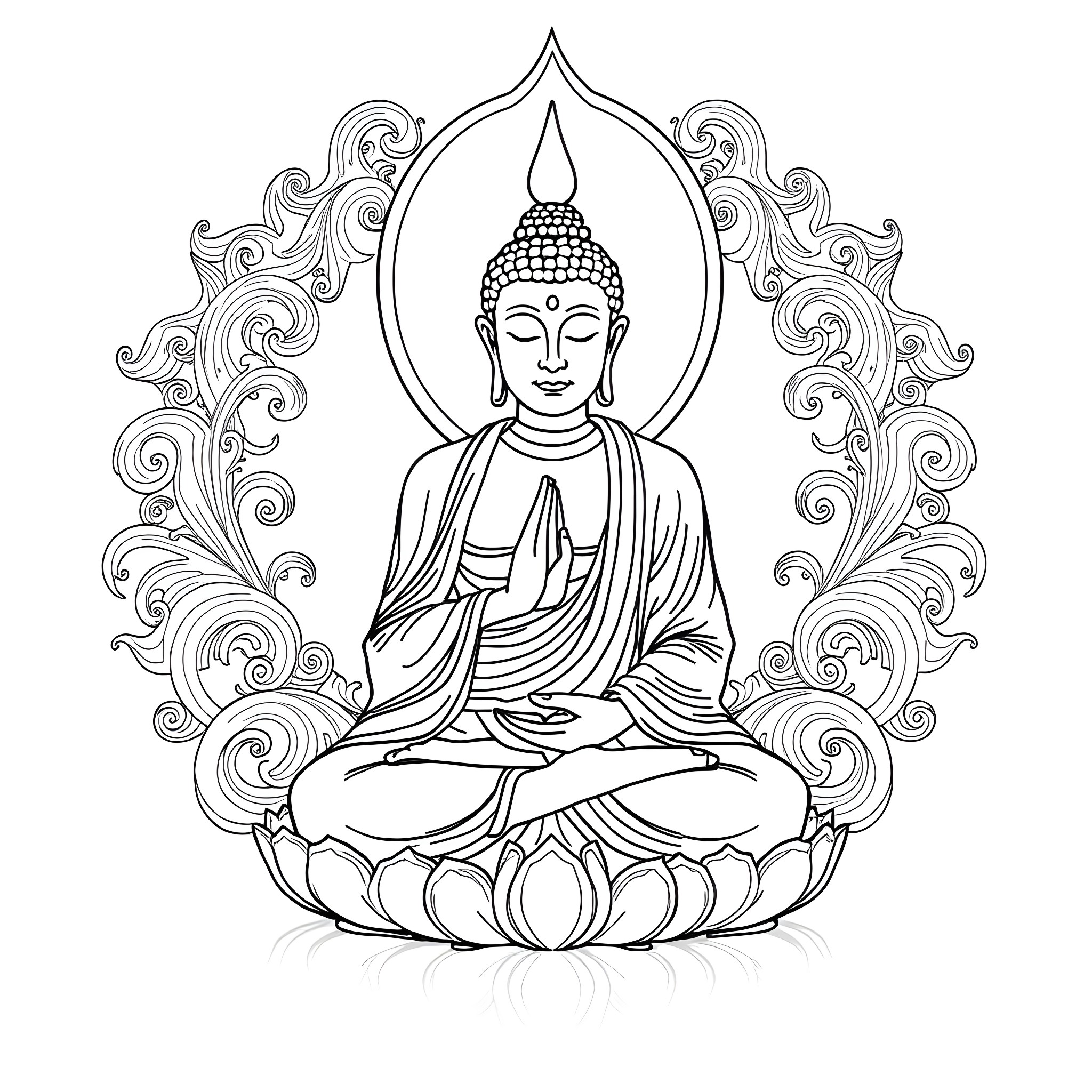 Buddha in peaceful meditation posture Coloring Page (free black-and-white line drawing printable PDF for all, from beginners to advanced learners, including children, teens, adults, and seniors)