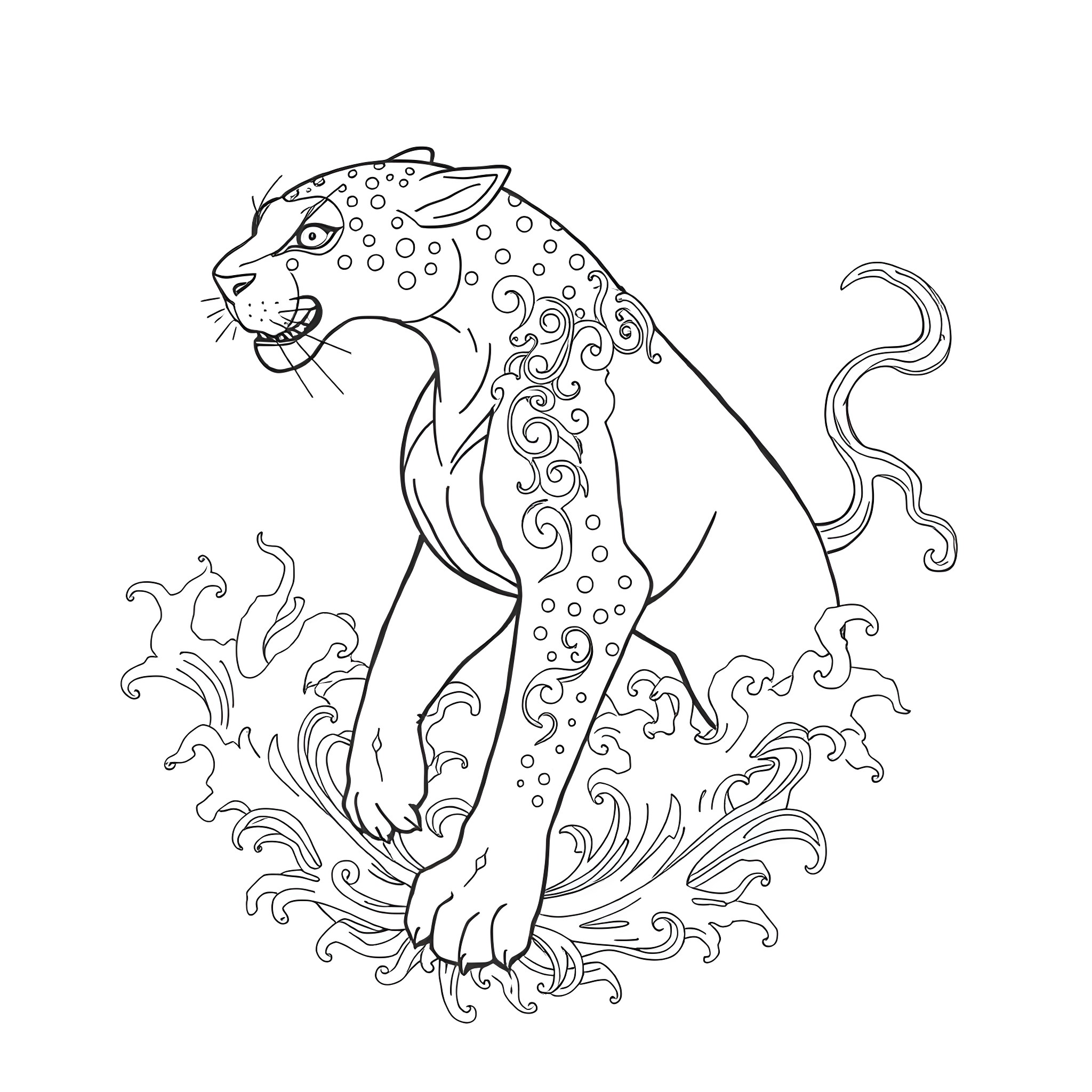 Mishipeshu the Mythical Water Panther Roaring Amidst Waves Coloring Page (free black-and-white line drawing printable PDF for all, from beginners to advanced learners, including children, teens, adults, and seniors)