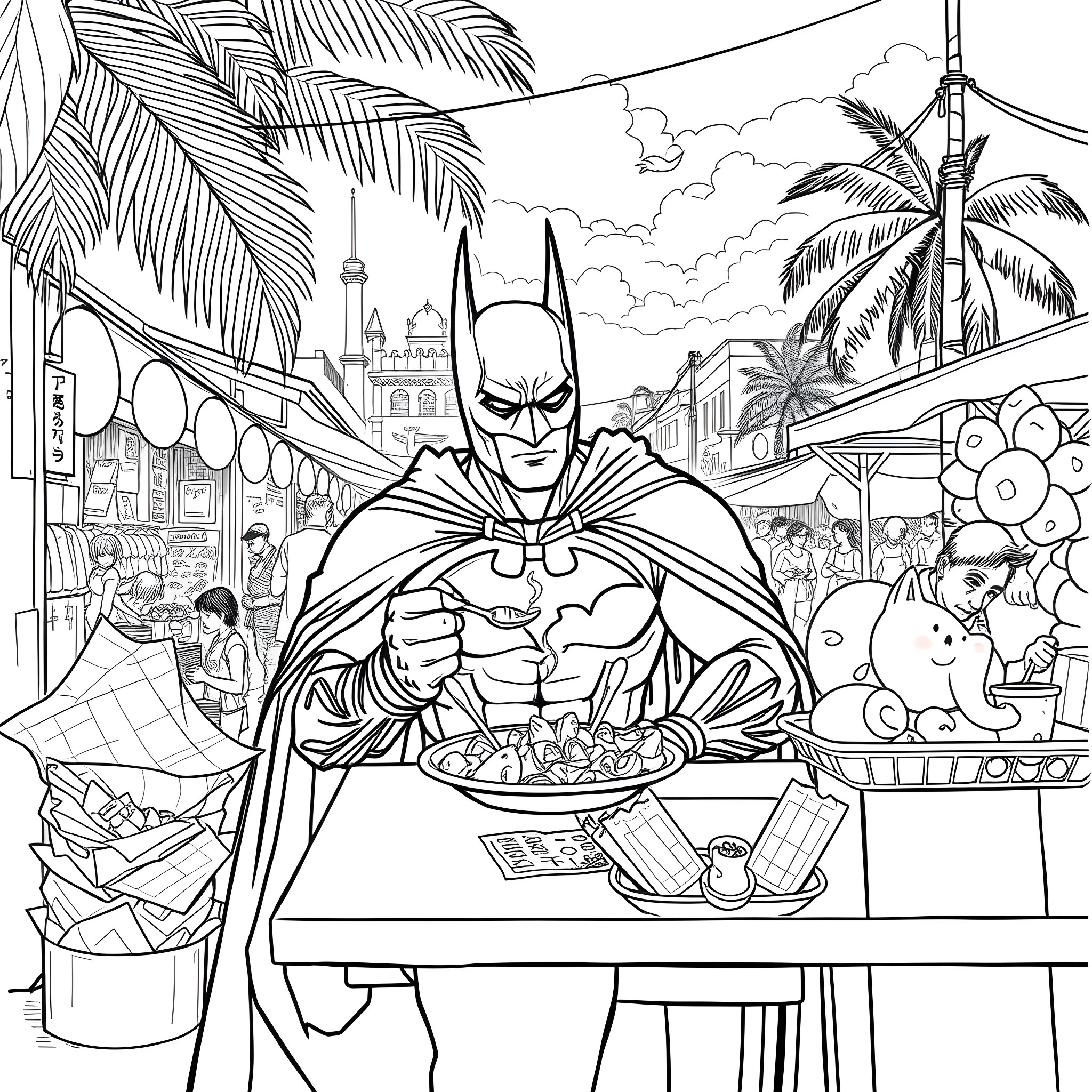 Batman Enjoying Street Food in Vibrant City Coloring Page (free black-and-white line drawing printable PDF for all, from beginners to advanced learners, including children, teens, adults, and seniors)