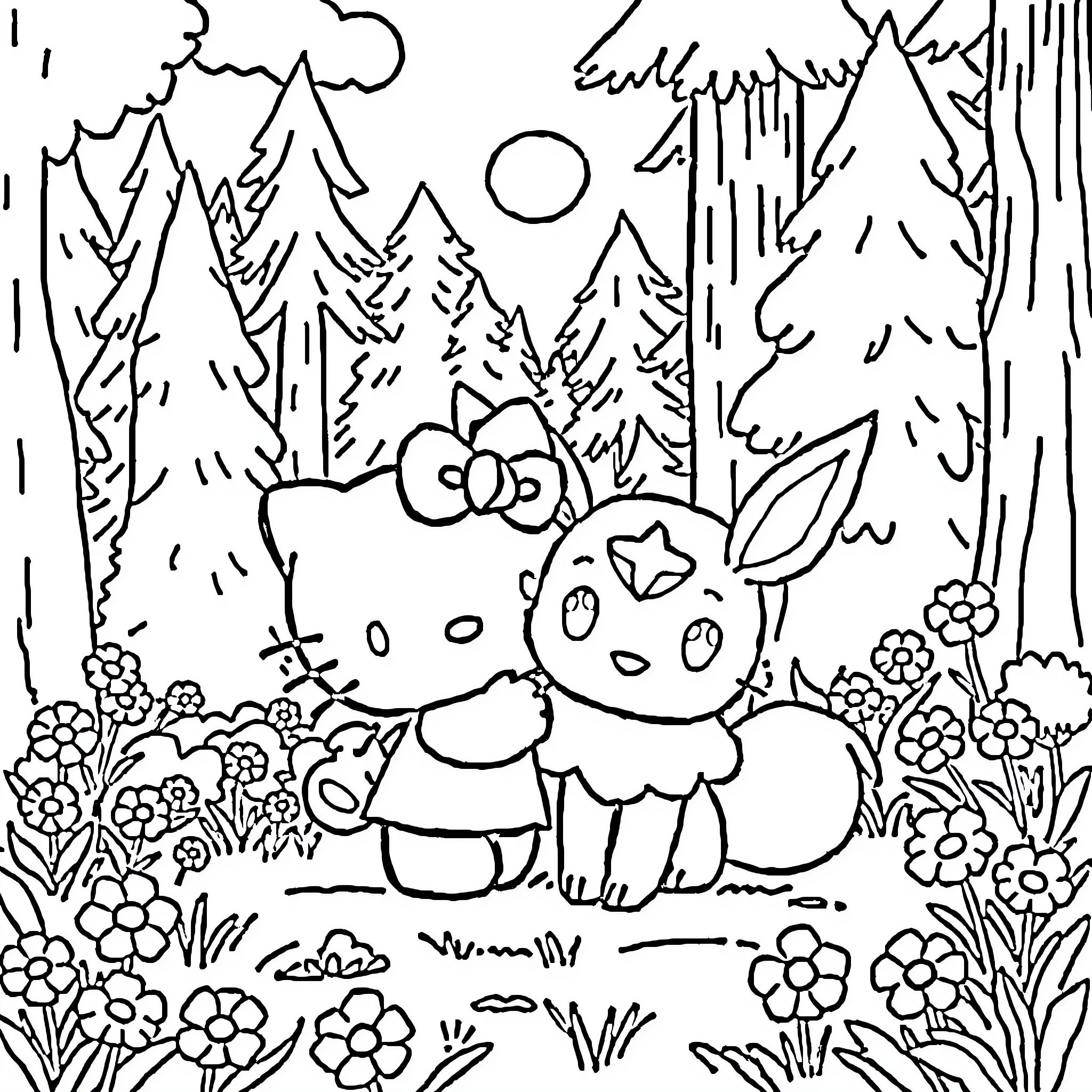 Hello Kitty enjoying nature in a forest Coloring Page (free black-and-white line drawing printable PDF for all, from beginners to advanced learners, including children, teens, adults, and seniors)