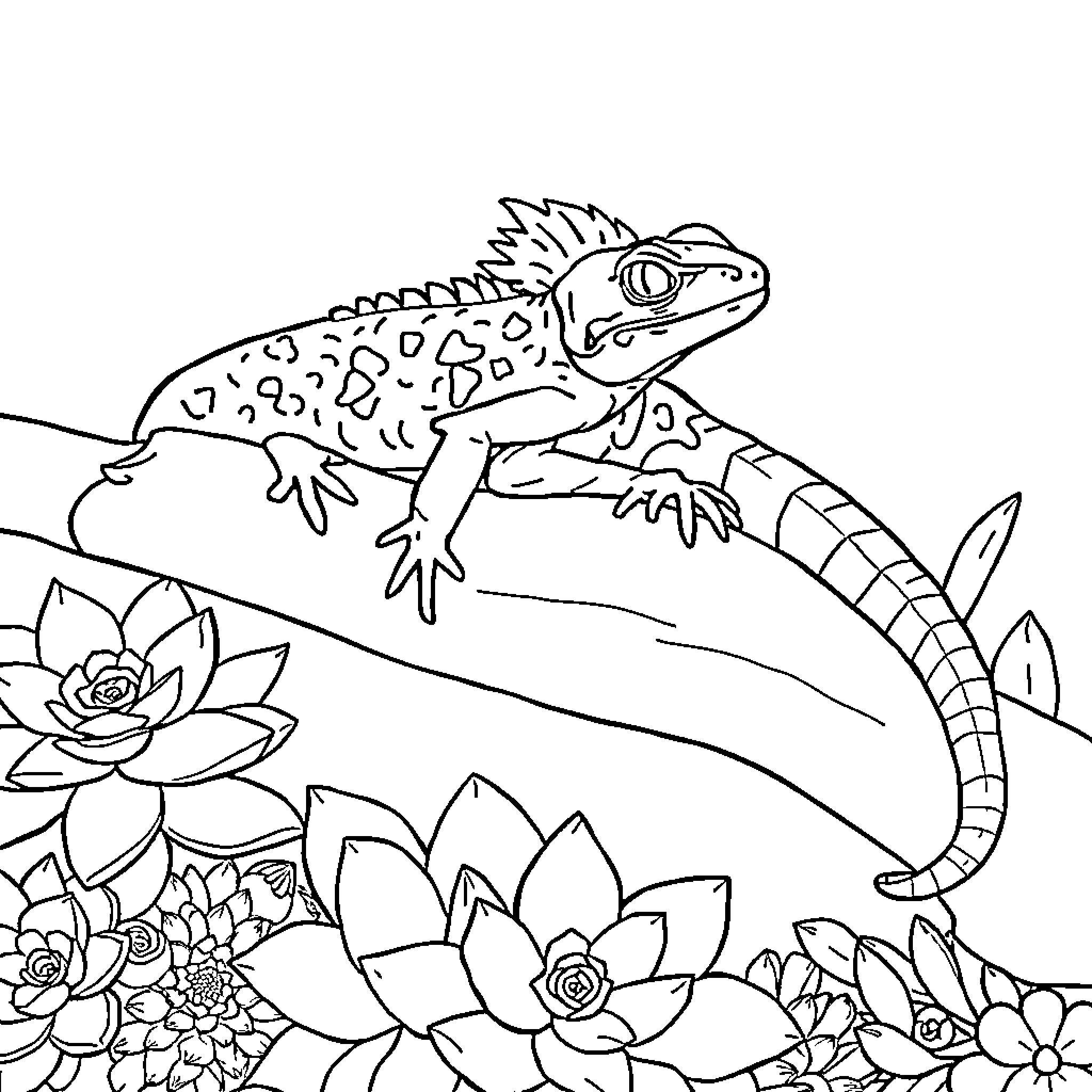 Crested Gecko exploring a succulent garden Coloring Page (free black-and-white line drawing printable PDF for all, from beginners to advanced learners, including children, teens, adults, and seniors)