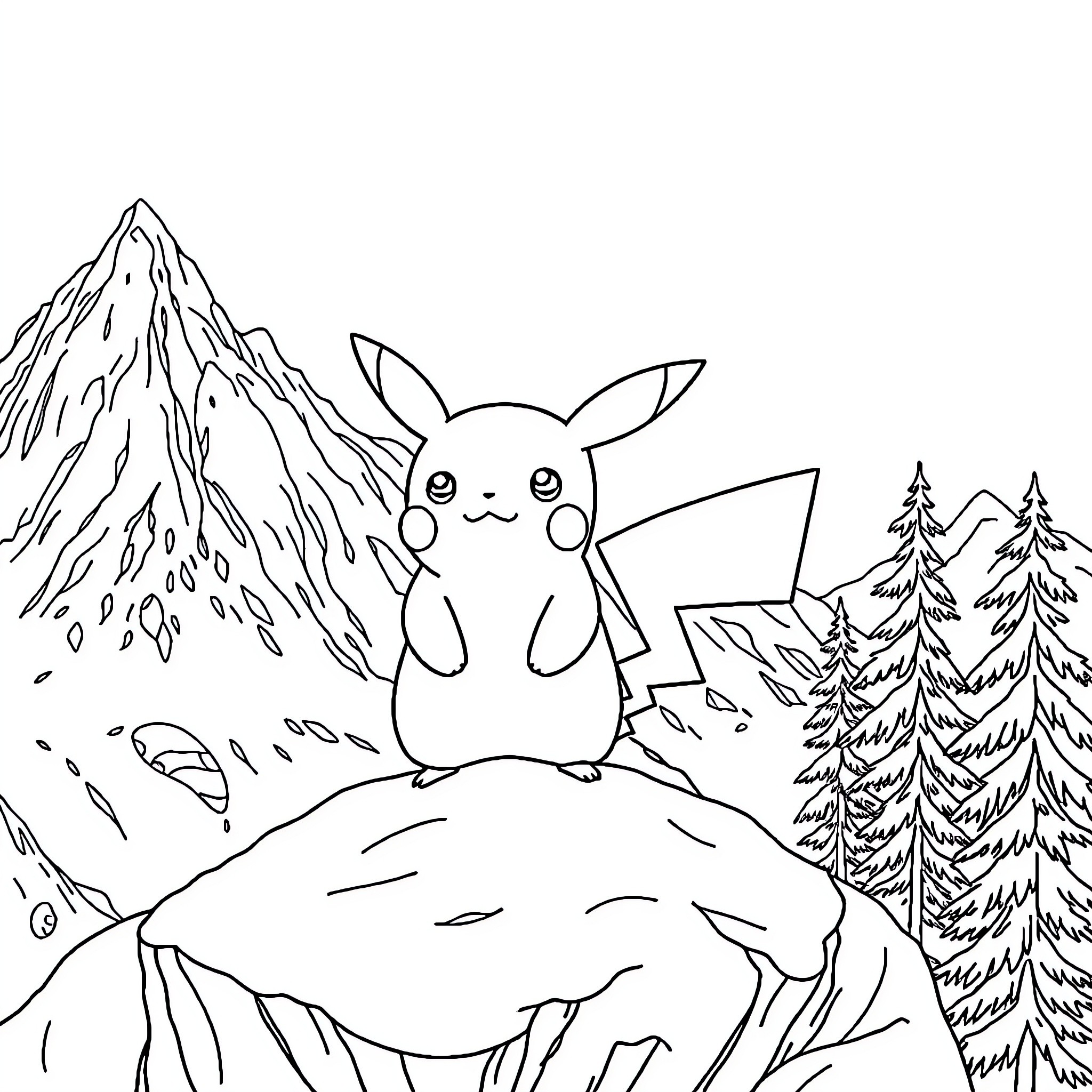 Pikachu enjoying the scenic mountain landscape Coloring Page (free black-and-white line drawing printable PDF for all, from beginners to advanced learners, including children, teens, adults, and seniors)