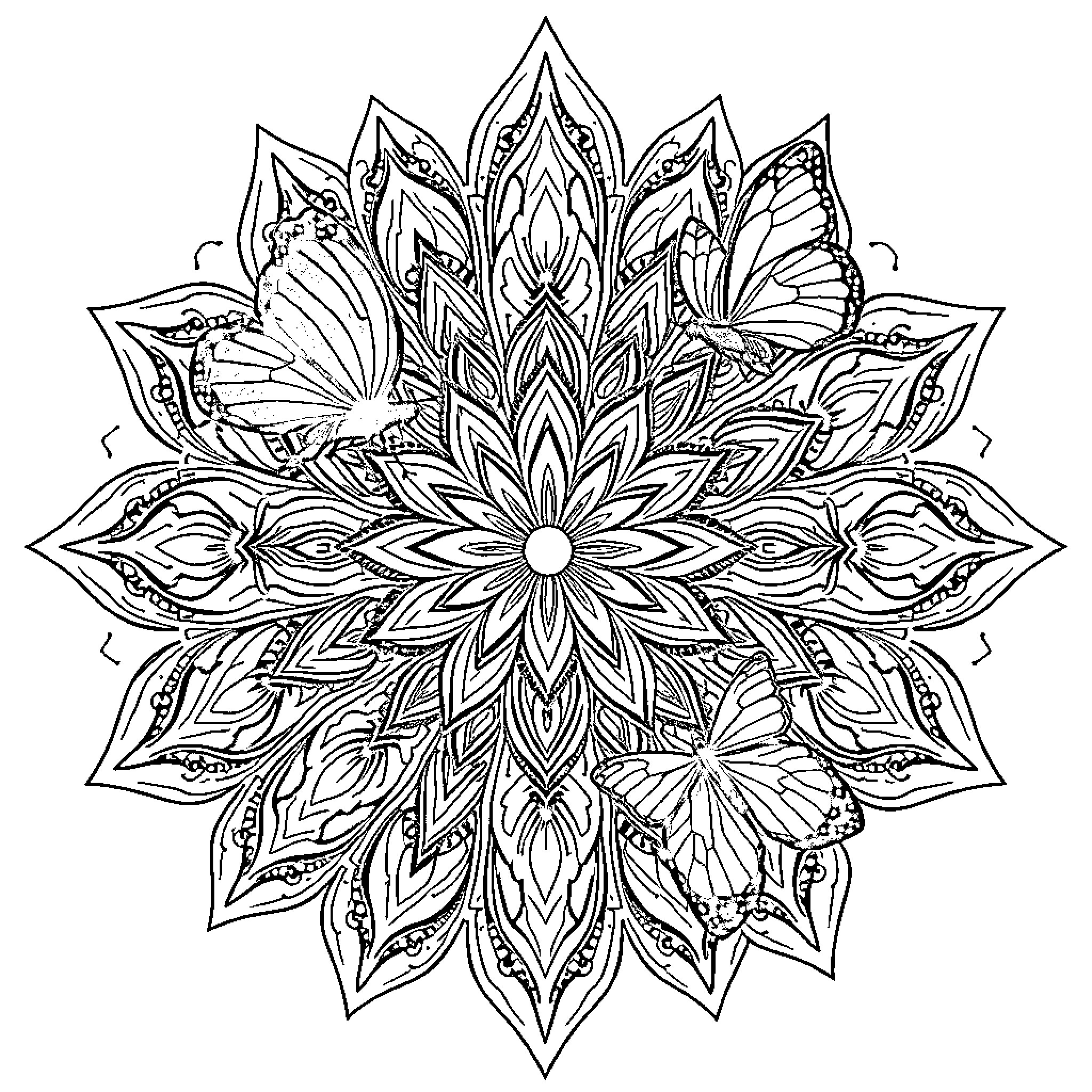 Butterfly Mandala with Intricate Floral Design Coloring Page (free black-and-white line drawing printable PDF for all, from beginners to advanced learners, including children, teens, adults, and seniors)