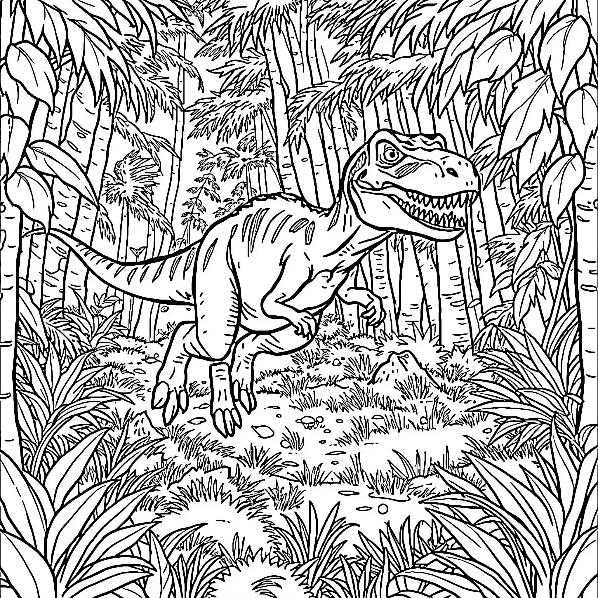 Velociraptor hunting in the lush jungle Coloring Page (free black-and-white line drawing printable PDF for all, from beginners to advanced learners, including children, teens, adults, and seniors)