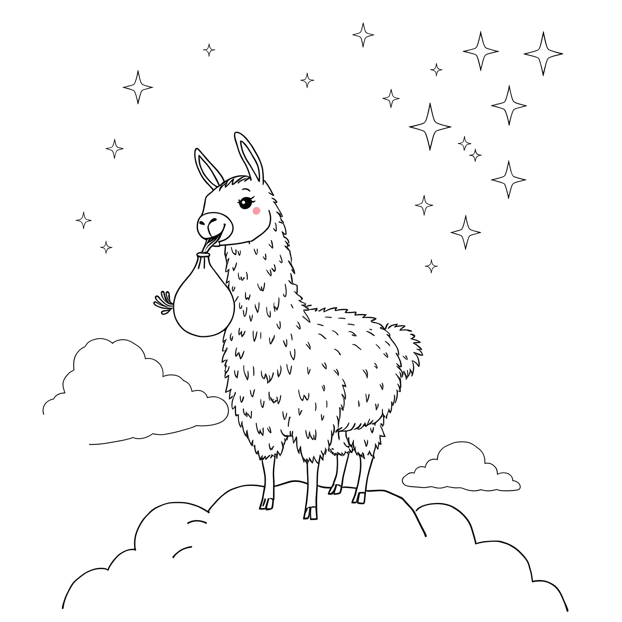 Llama standing among stars in the night sky Coloring Page (free black-and-white line drawing printable PDF for all, from beginners to advanced learners, including children, teens, adults, and seniors)