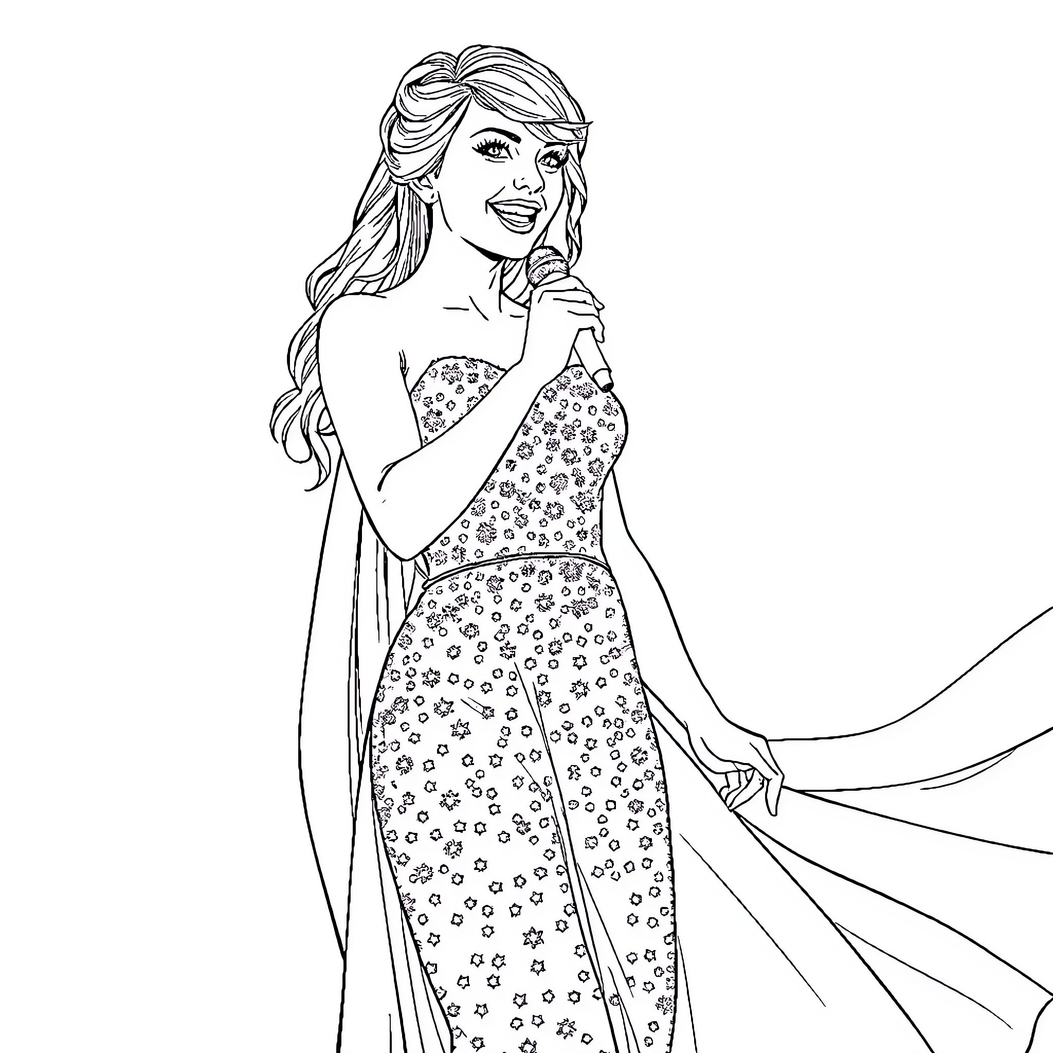 Taylor Swift posing in a floral dress Coloring Page (free black-and-white line drawing printable PDF for all, from beginners to advanced learners, including children, teens, adults, and seniors)