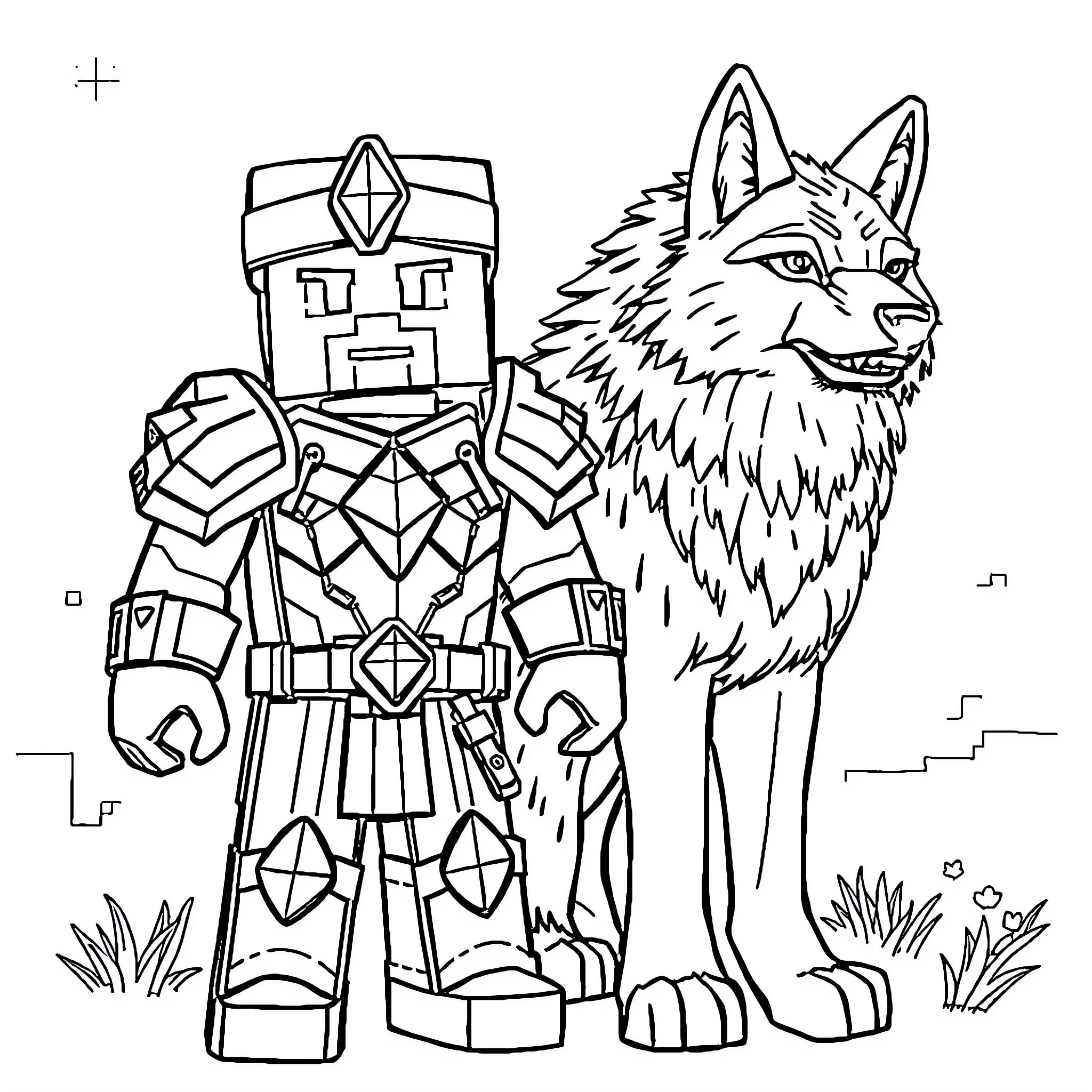 Steve the armored warrior and his loyal wolf companion Coloring Page (free black-and-white line drawing printable PDF for all, from beginners to advanced learners, including children, teens, adults, and seniors)