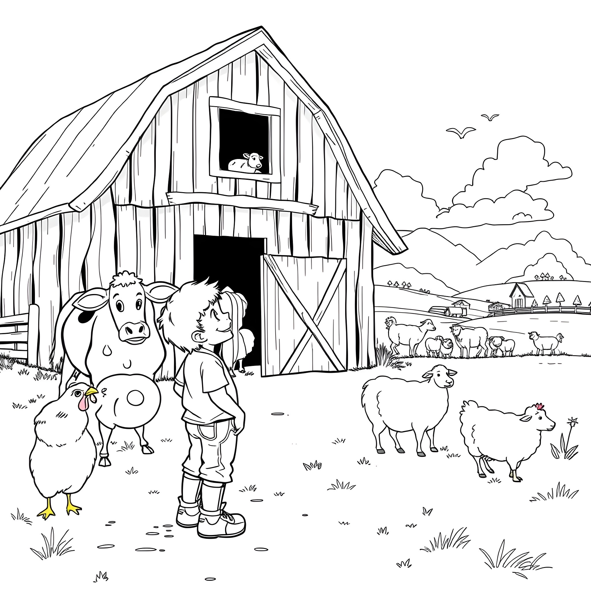 Boy petting farm animals near a wooden barn Coloring Page (free black-and-white line drawing printable PDF for all, from beginners to advanced learners, including children, teens, adults, and seniors)