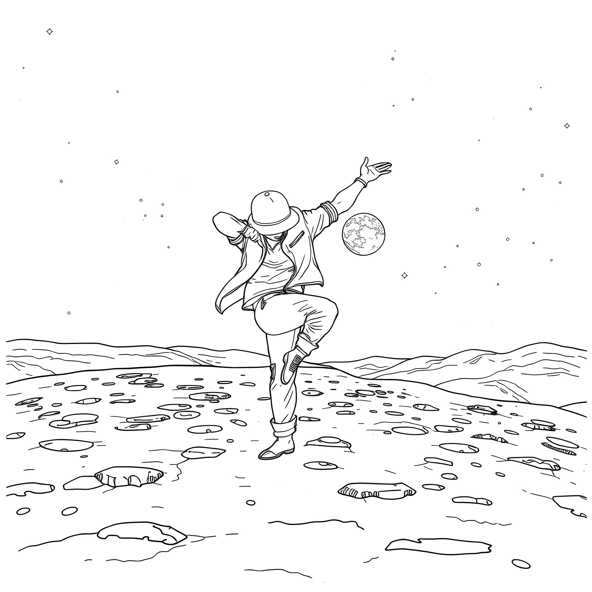 Breakdancer's Cosmic Dance in the Desert Coloring Page (free black-and-white line drawing printable PDF for all, from beginners to advanced learners, including children, teens, adults, and seniors)