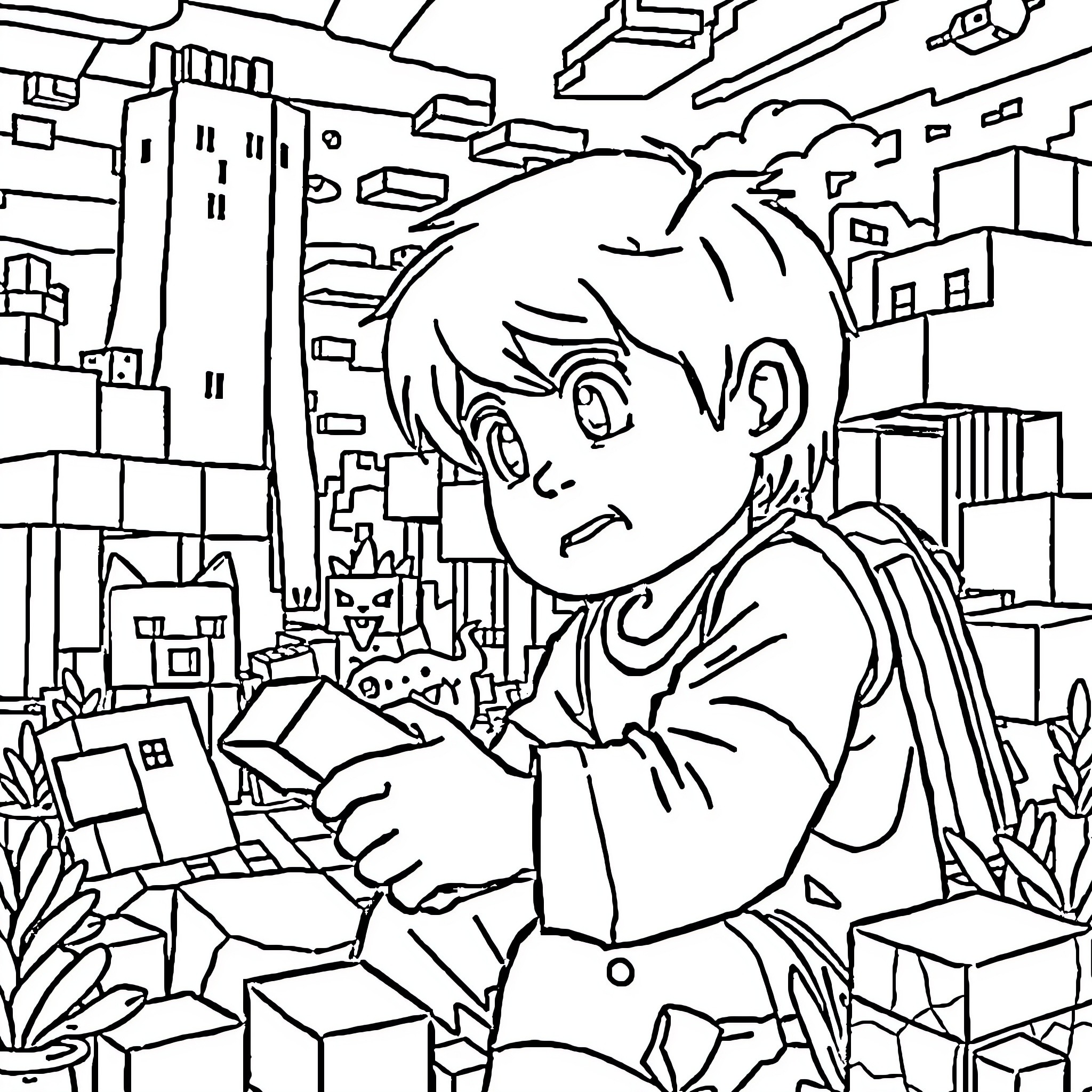Child exploring a bustling cityscape Coloring Page (free black-and-white line drawing printable PDF for all, from beginners to advanced learners, including children, teens, adults, and seniors)