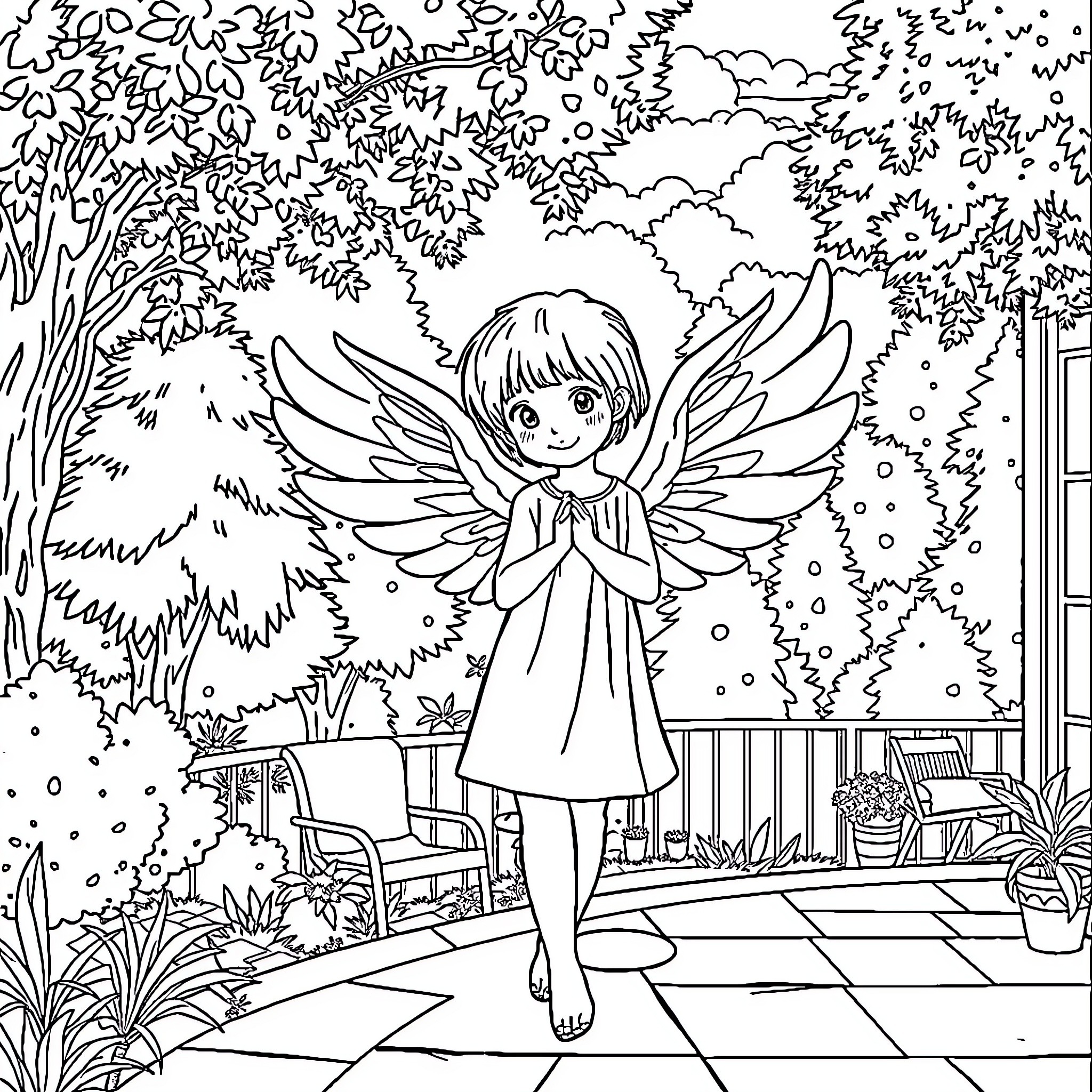 Angel Playing Happily in Enchanted Garden Coloring Page (free black-and-white line drawing printable PDF for all, from beginners to advanced learners, including children, teens, adults, and seniors)