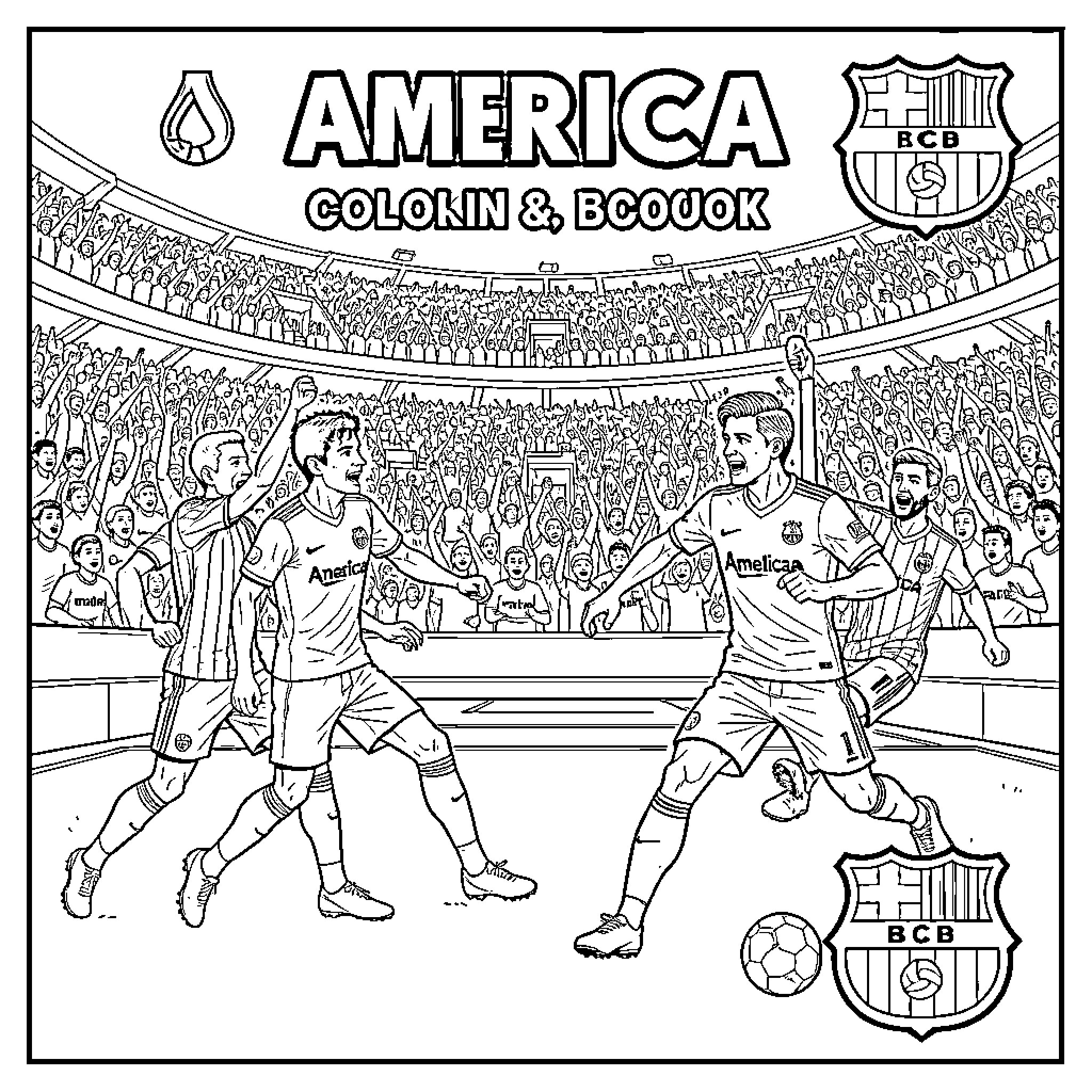 America vs Barcelona soccer players celebrating on the field Coloring Page (free black-and-white line drawing printable PDF for all, from beginners to advanced learners, including children, teens, adults, and seniors)