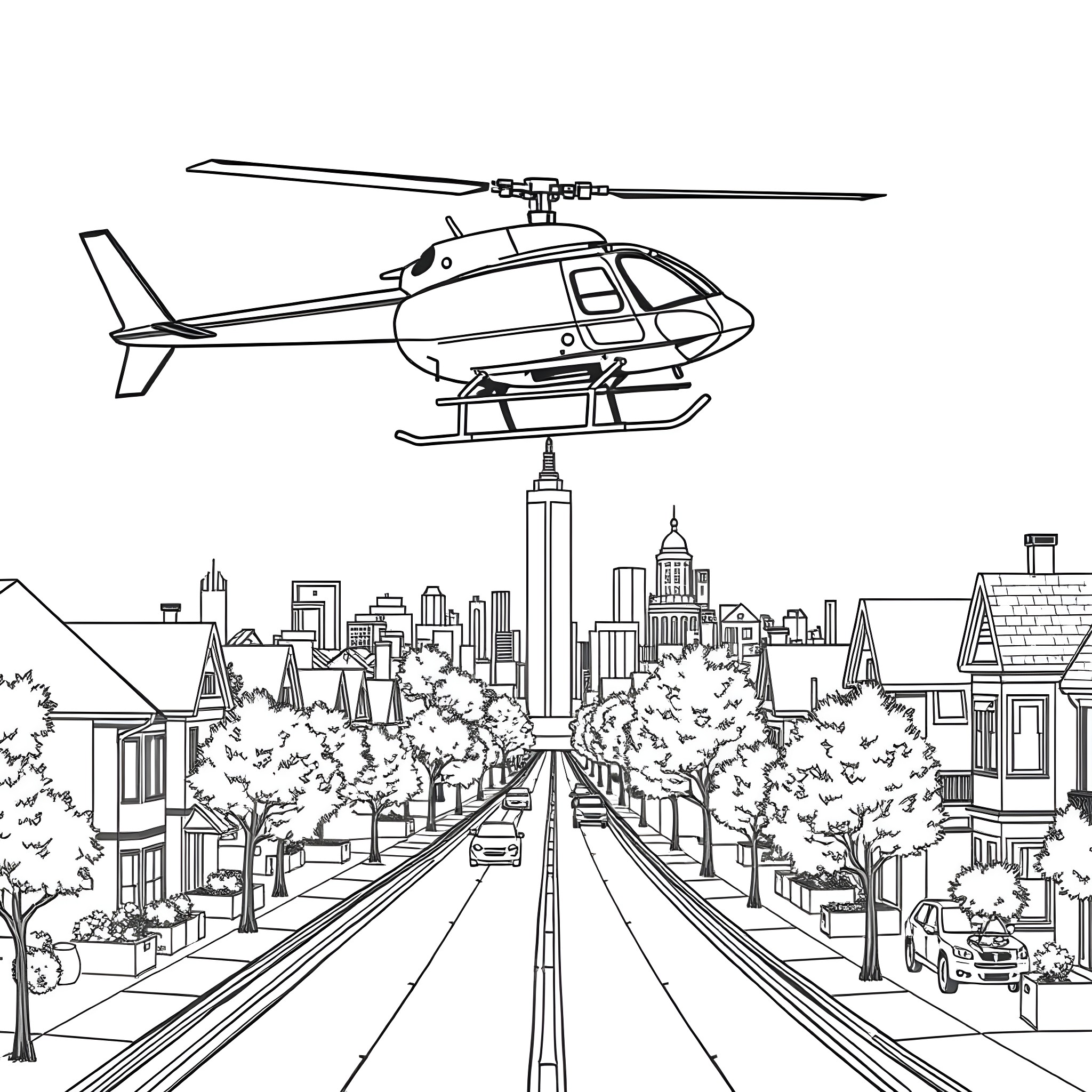 Helicopter flying over a city skyline Coloring Page (free black-and-white line drawing printable PDF for all, from beginners to advanced learners, including children, teens, adults, and seniors)