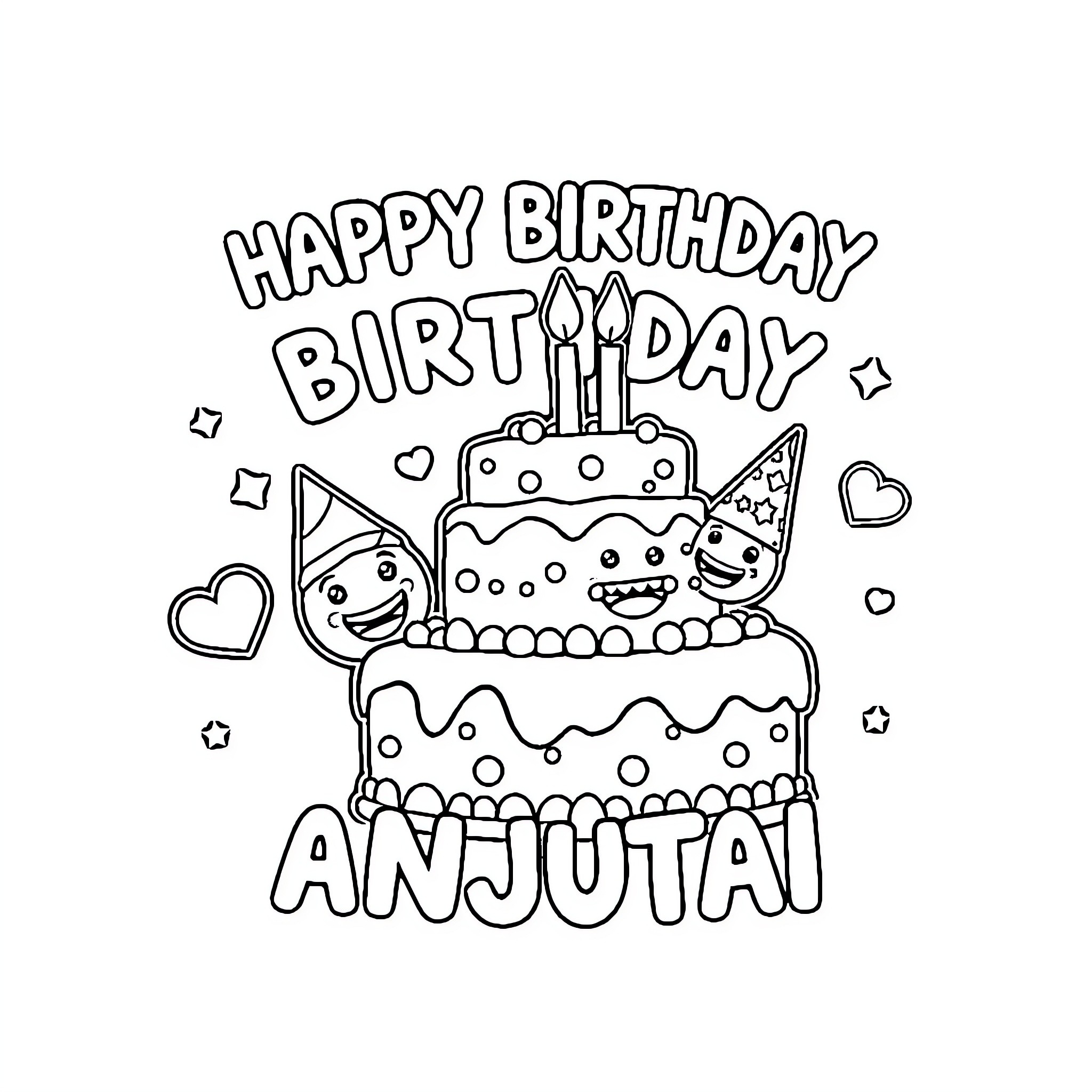 Birthday Card with Decorative Birthday Cake Coloring Page (free black-and-white line drawing printable PDF for all, from beginners to advanced learners, including children, teens, adults, and seniors)