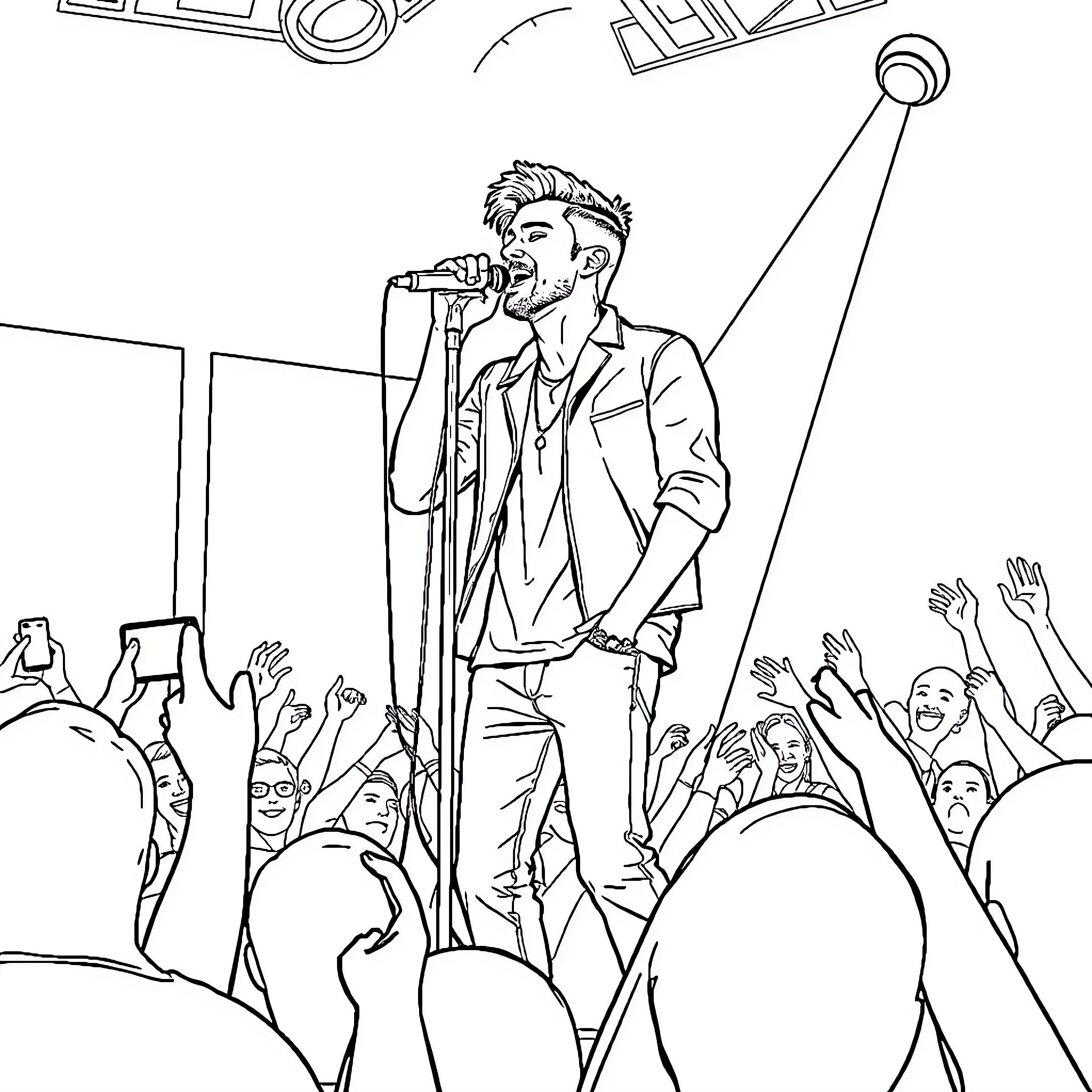 Zayn performing on stage with crowd Coloring Page (free black-and-white line drawing printable PDF for all, from beginners to advanced learners, including children, teens, adults, and seniors)
