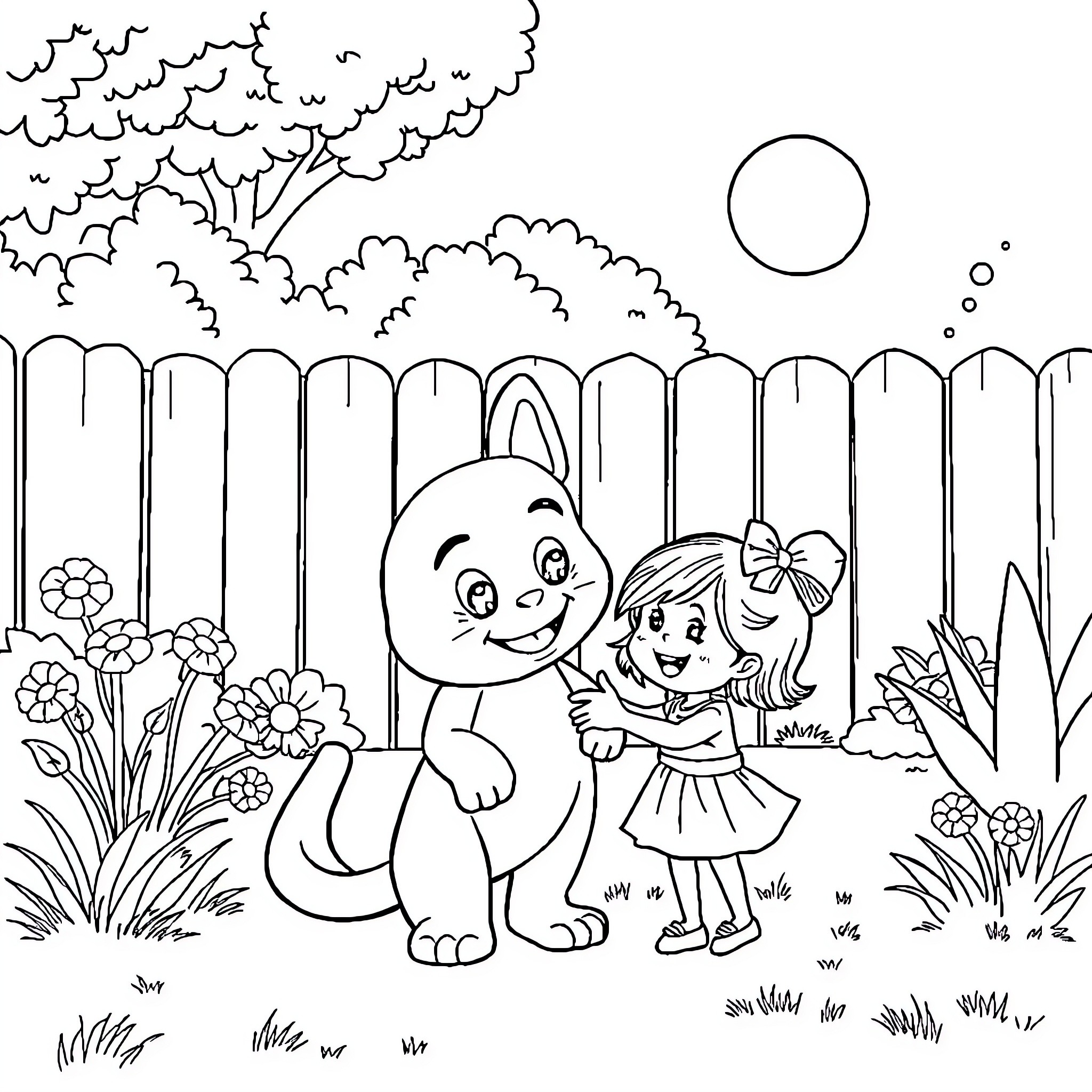 Bluey playing with a young girl in the garden Coloring Page (free black-and-white line drawing printable PDF for all, from beginners to advanced learners, including children, teens, adults, and seniors)