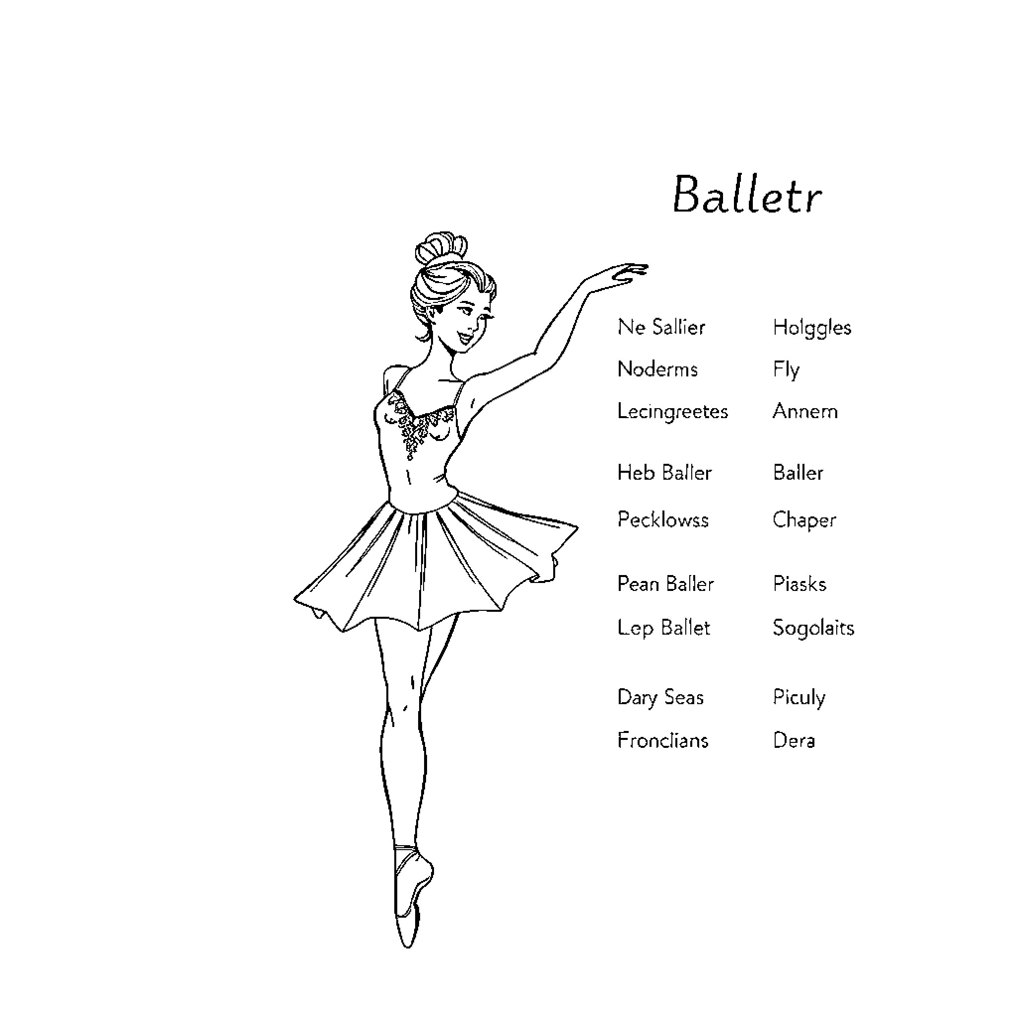 Ballet dancer in graceful pose with ballet terms Coloring Page (free black-and-white line drawing printable PDF for all, from beginners to advanced learners, including children, teens, adults, and seniors)