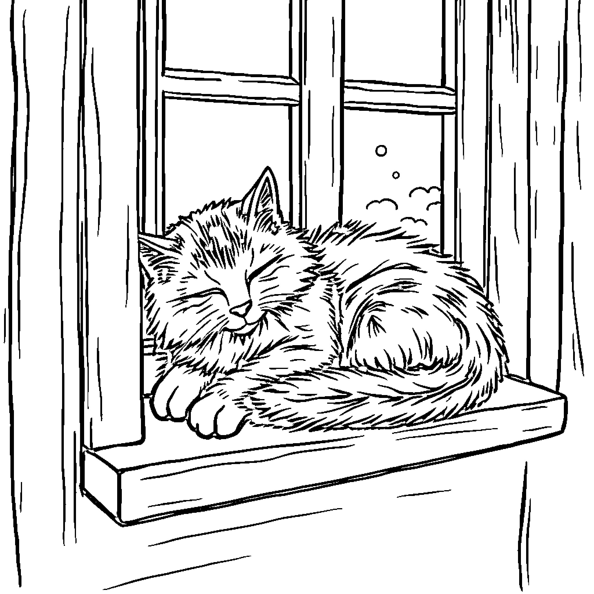 Cat resting peacefully on window sill Coloring Page (free black-and-white line drawing printable PDF for all, from beginners to advanced learners, including children, teens, adults, and seniors)