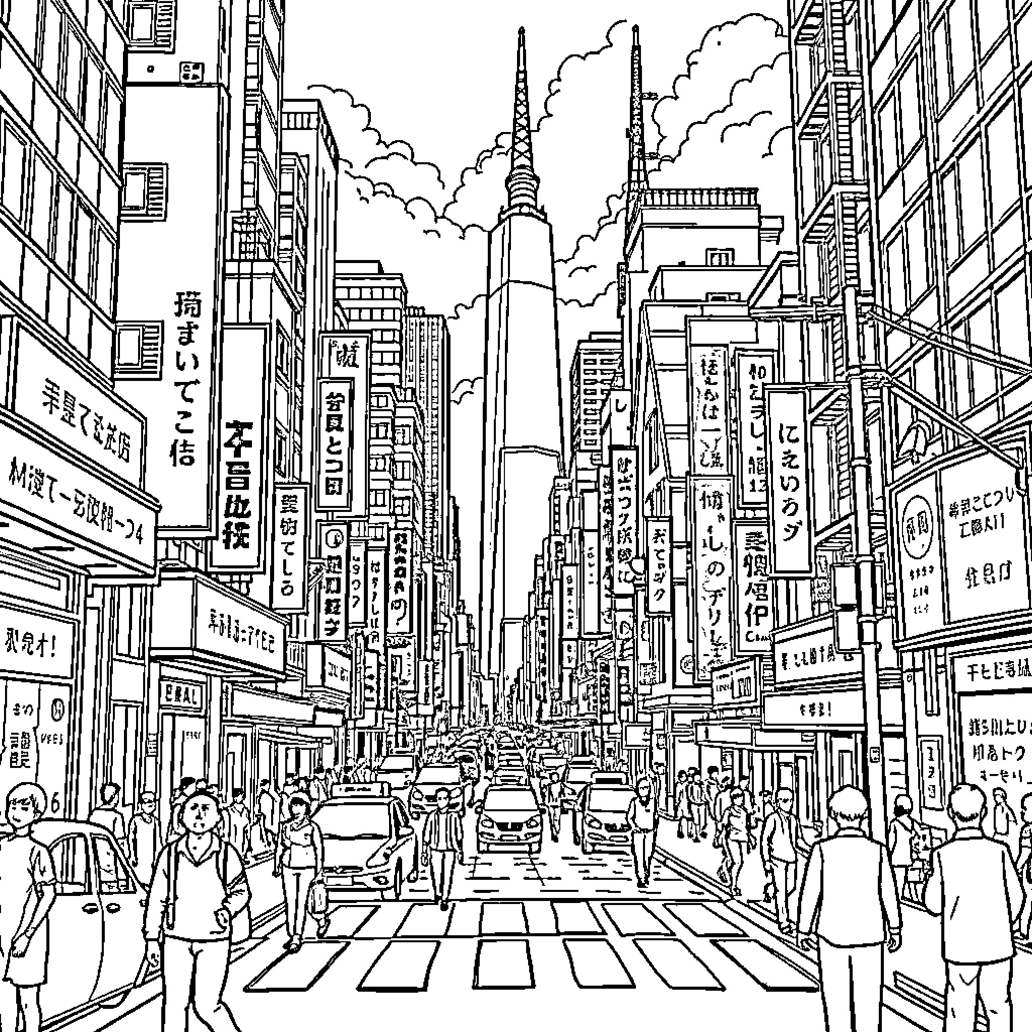 Mirai - Bustling City Scene with Skyscrapers and Pedestrians Coloring Page (free black-and-white line drawing printable PDF for all, from beginners to advanced learners, including children, teens, adults, and seniors)