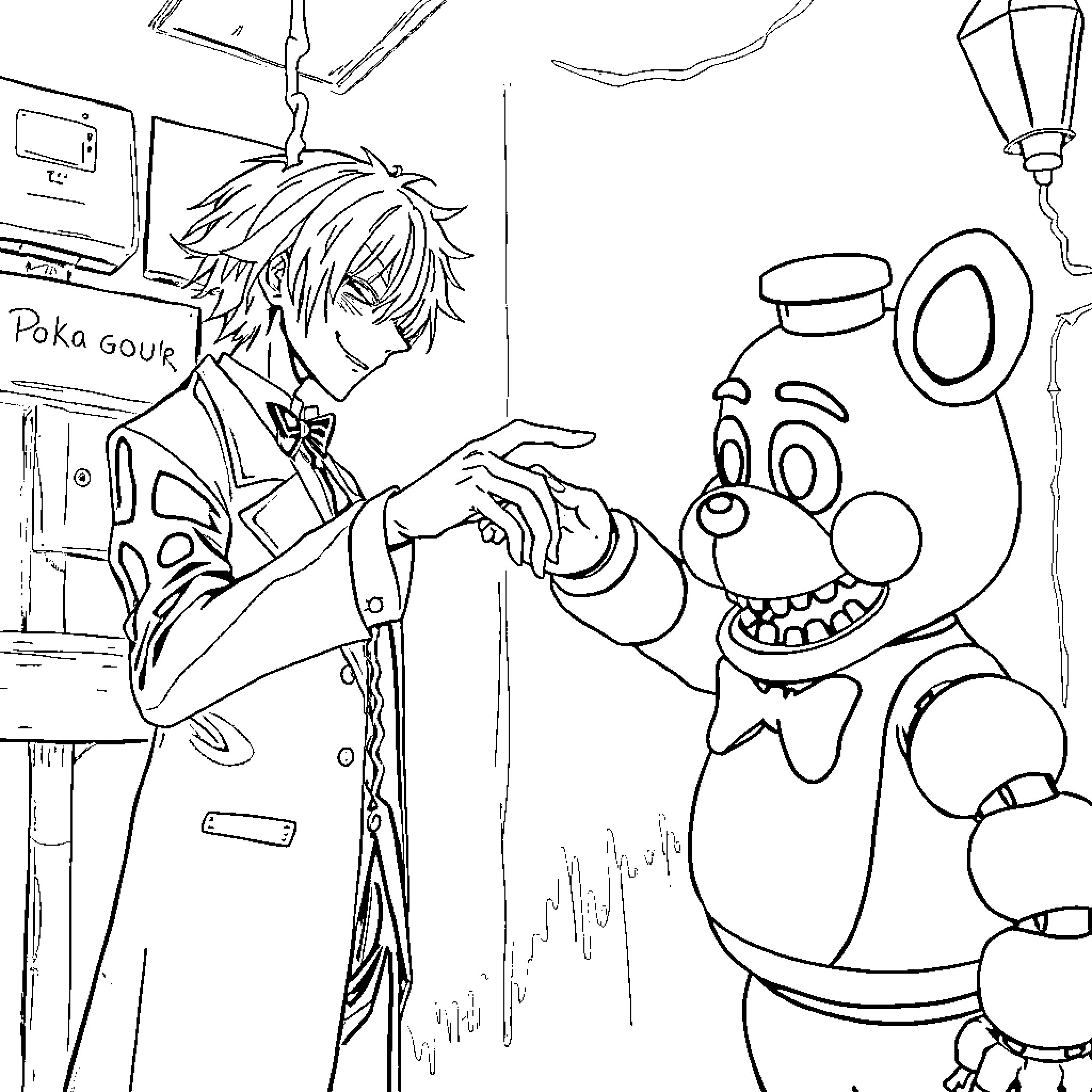 Kaneki interacting with a peculiar animatronic character Coloring Page (free black-and-white line drawing printable PDF for all, from beginners to advanced learners, including children, teens, adults, and seniors)