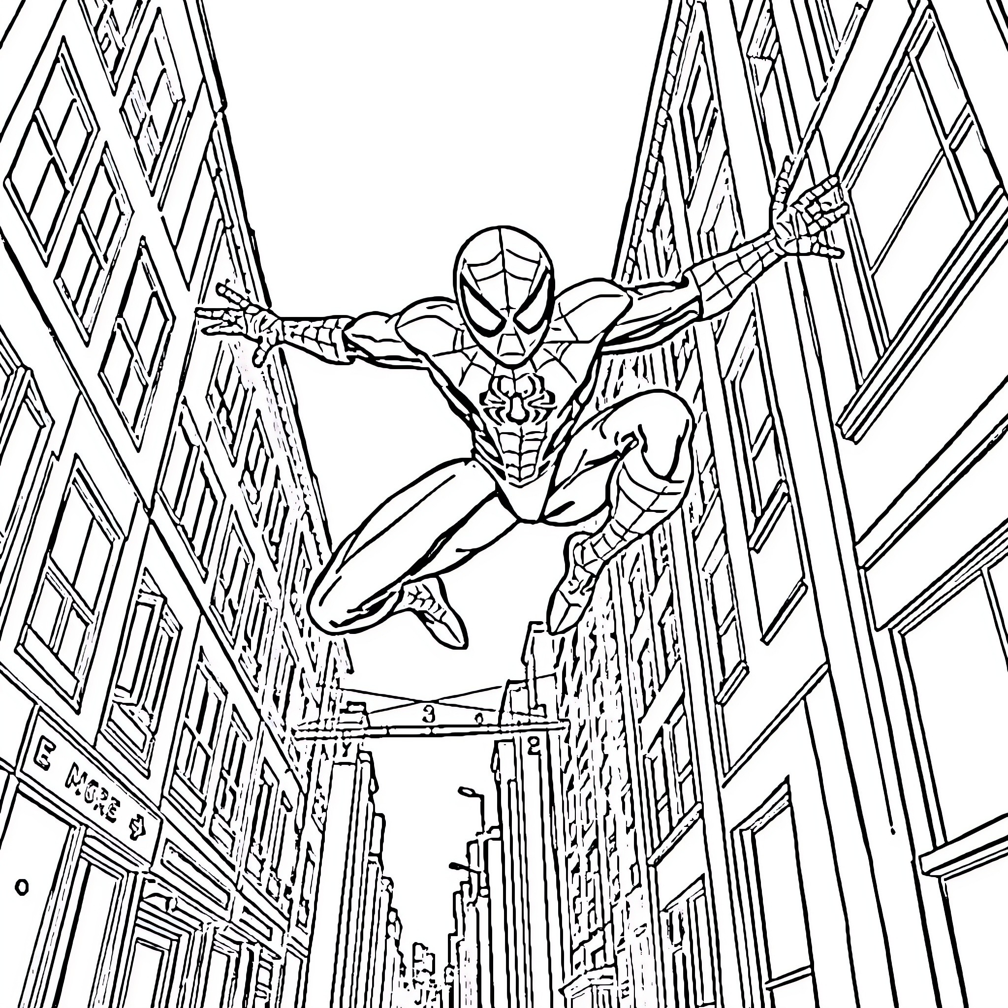 Spider-Man swinging through the city Coloring Page (free black-and-white line drawing printable PDF for all, from beginners to advanced learners, including children, teens, adults, and seniors)