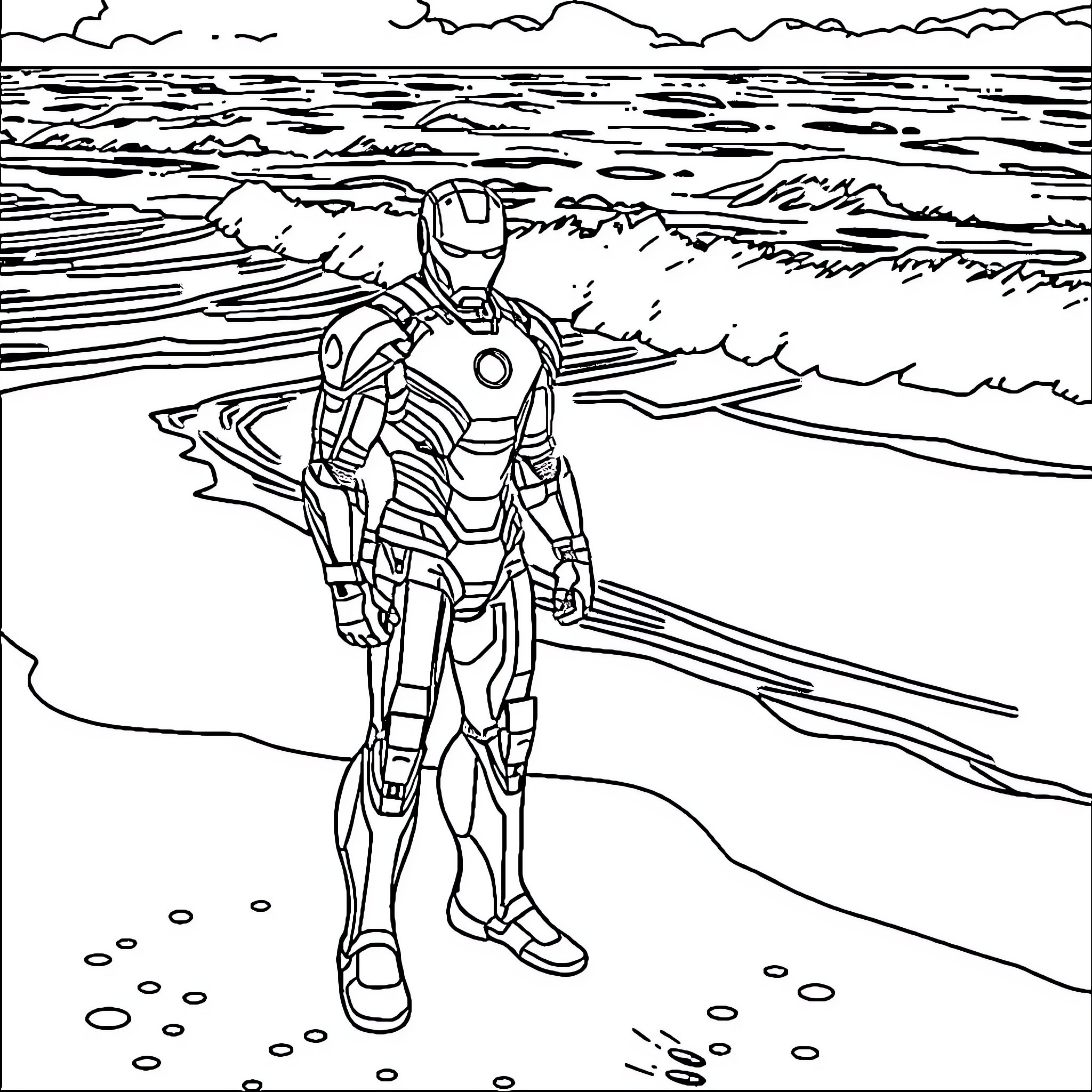 Ironman walking along the beach Coloring Page (free black-and-white line drawing printable PDF for all, from beginners to advanced learners, including children, teens, adults, and seniors)
