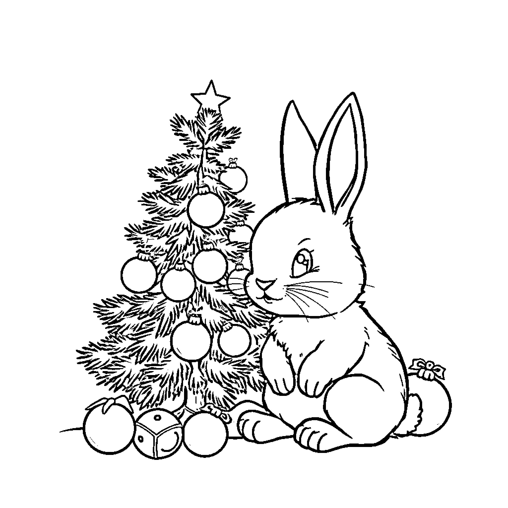 Bunny admiring decorated Christmas tree Coloring Page (free black-and-white line drawing printable PDF for all, from beginners to advanced learners, including children, teens, adults, and seniors)