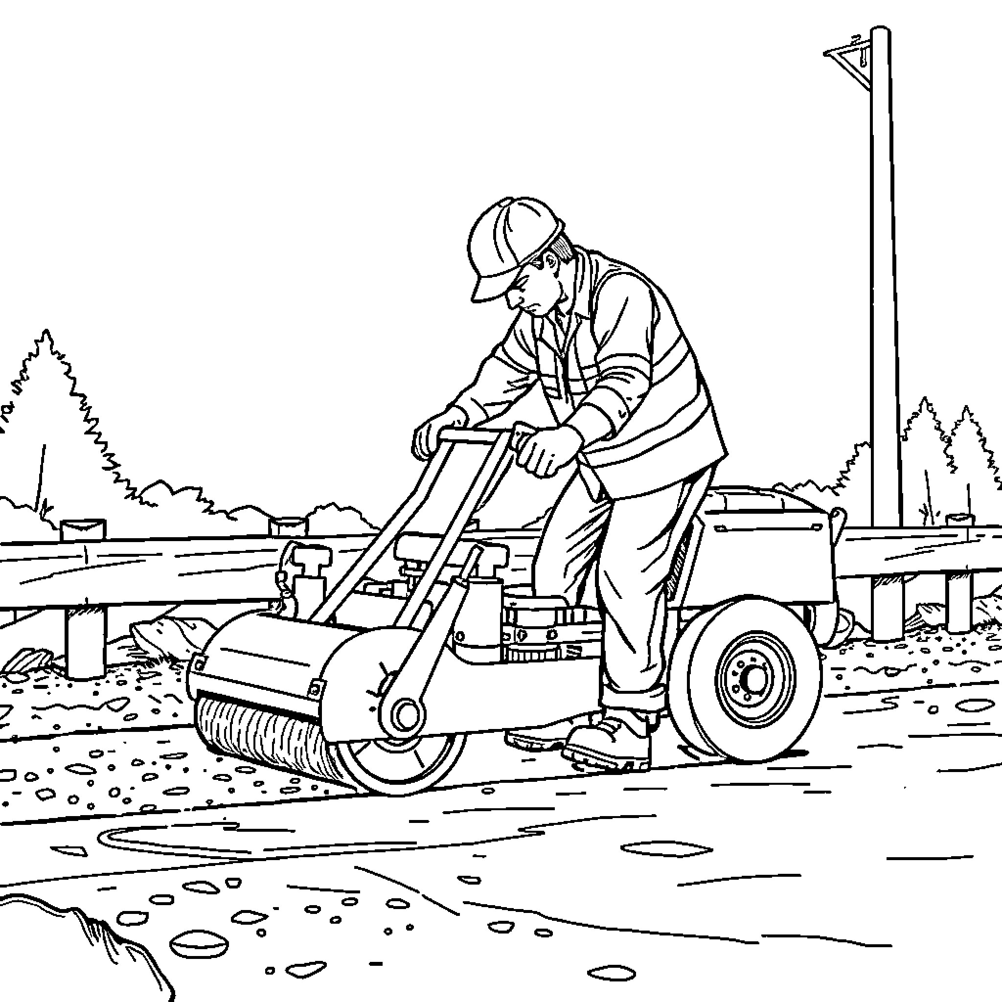 Asphalt Paver operating construction equipment on site Coloring Page (free black-and-white line drawing printable PDF for all, from beginners to advanced learners, including children, teens, adults, and seniors)
