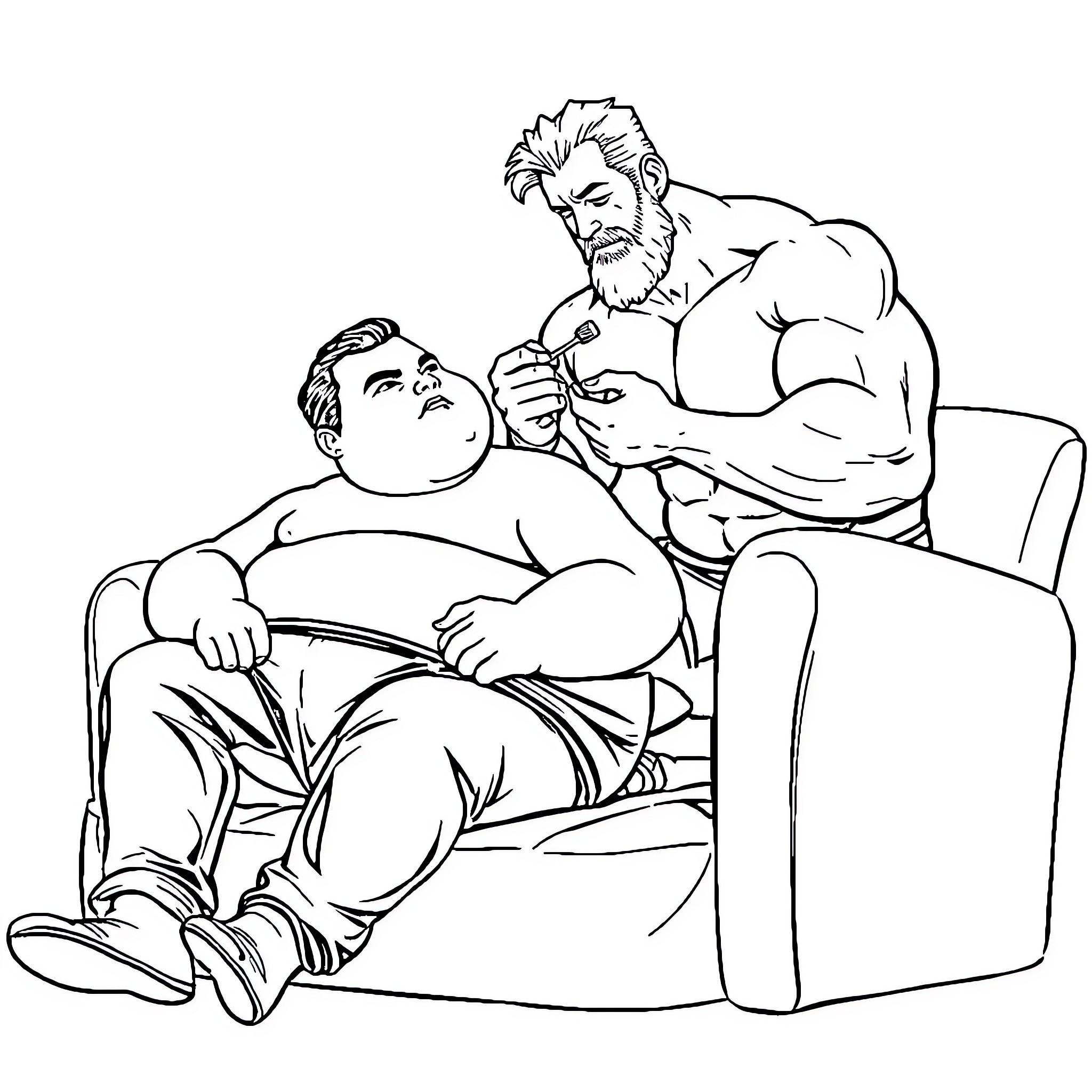 Man helping overweight man on couch Coloring Page (free black-and-white line drawing printable PDF for all, from beginners to advanced learners, including children, teens, adults, and seniors)