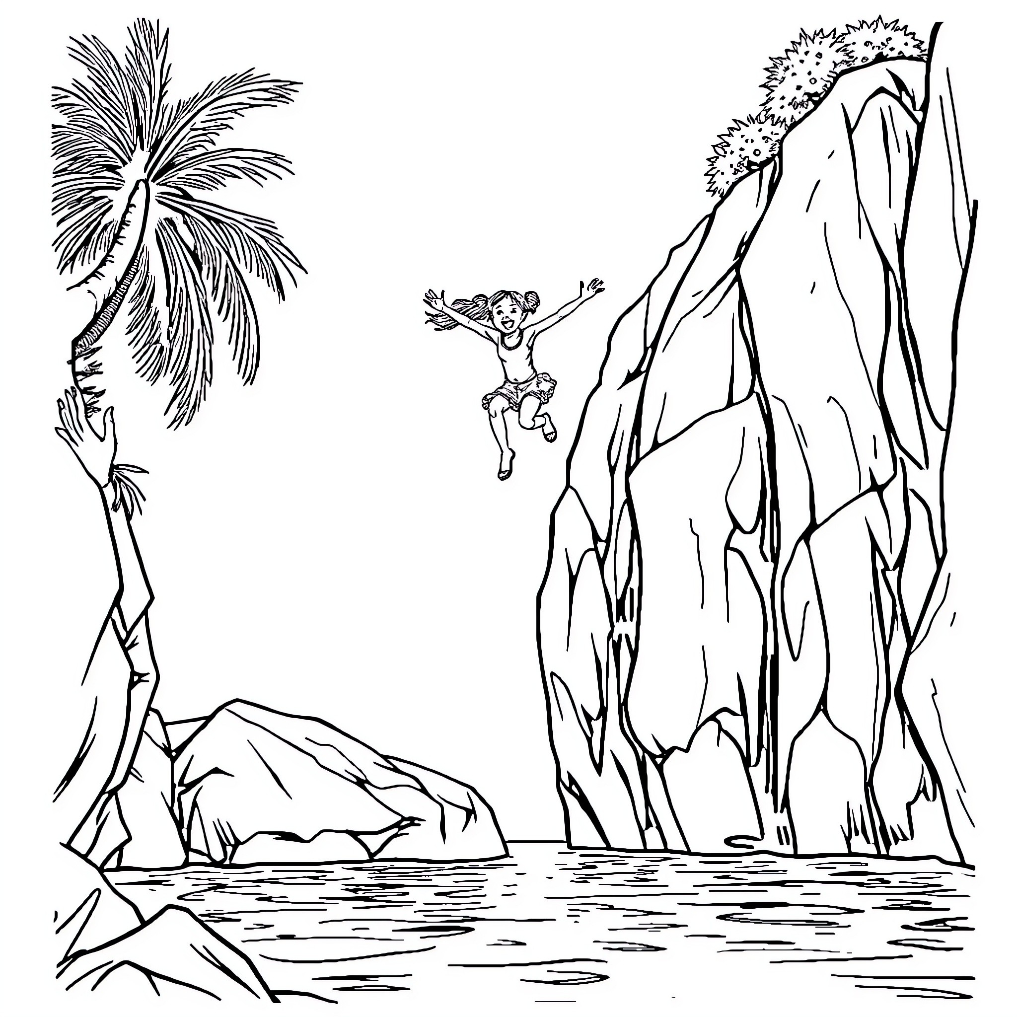 Girl swinging from jungle vine in the wild Coloring Page (free black-and-white line drawing printable PDF for all, from beginners to advanced learners, including children, teens, adults, and seniors)
