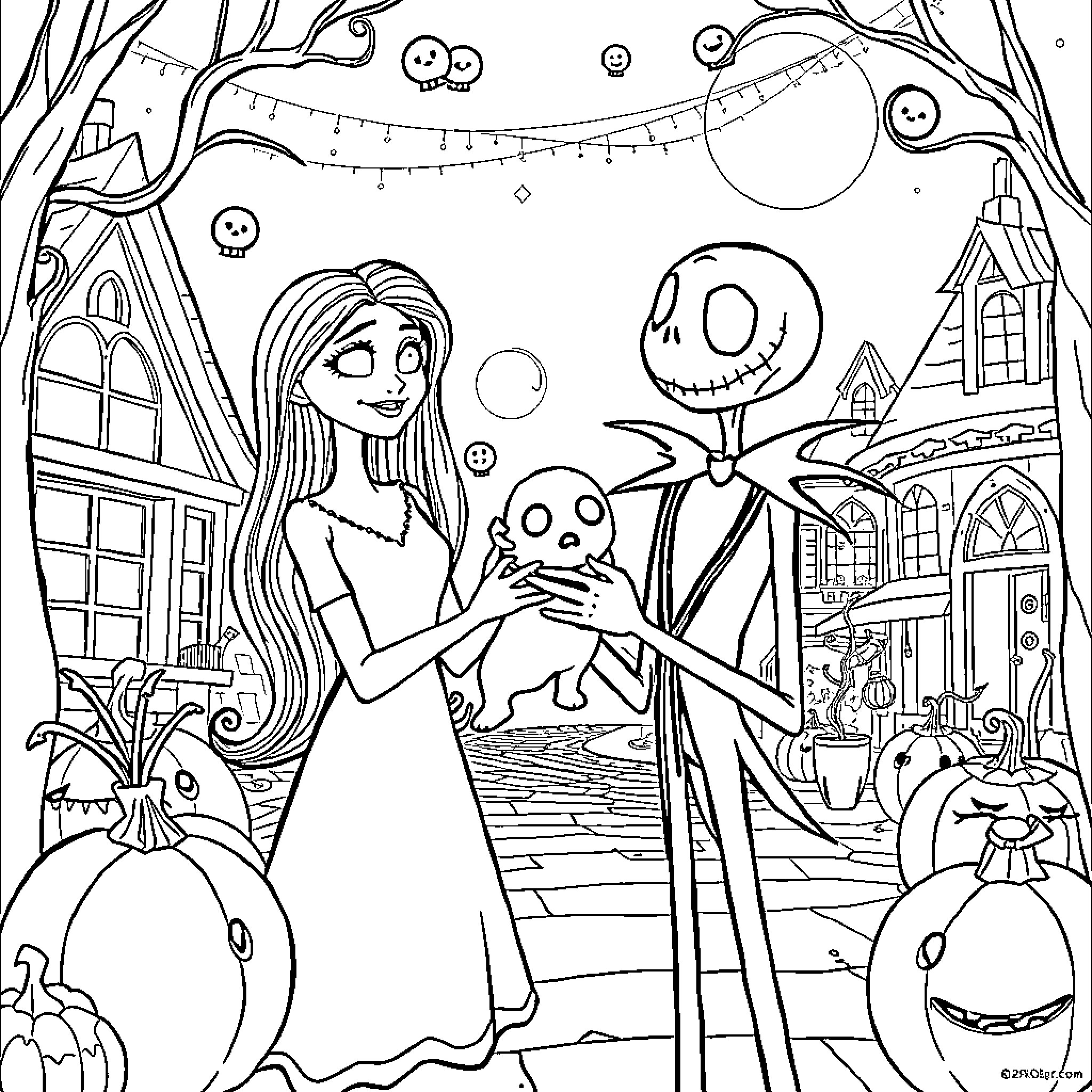 Sally and Jack's Spooky Halloween Adventure Coloring Page (free black-and-white line drawing printable PDF for all, from beginners to advanced learners, including children, teens, adults, and seniors)