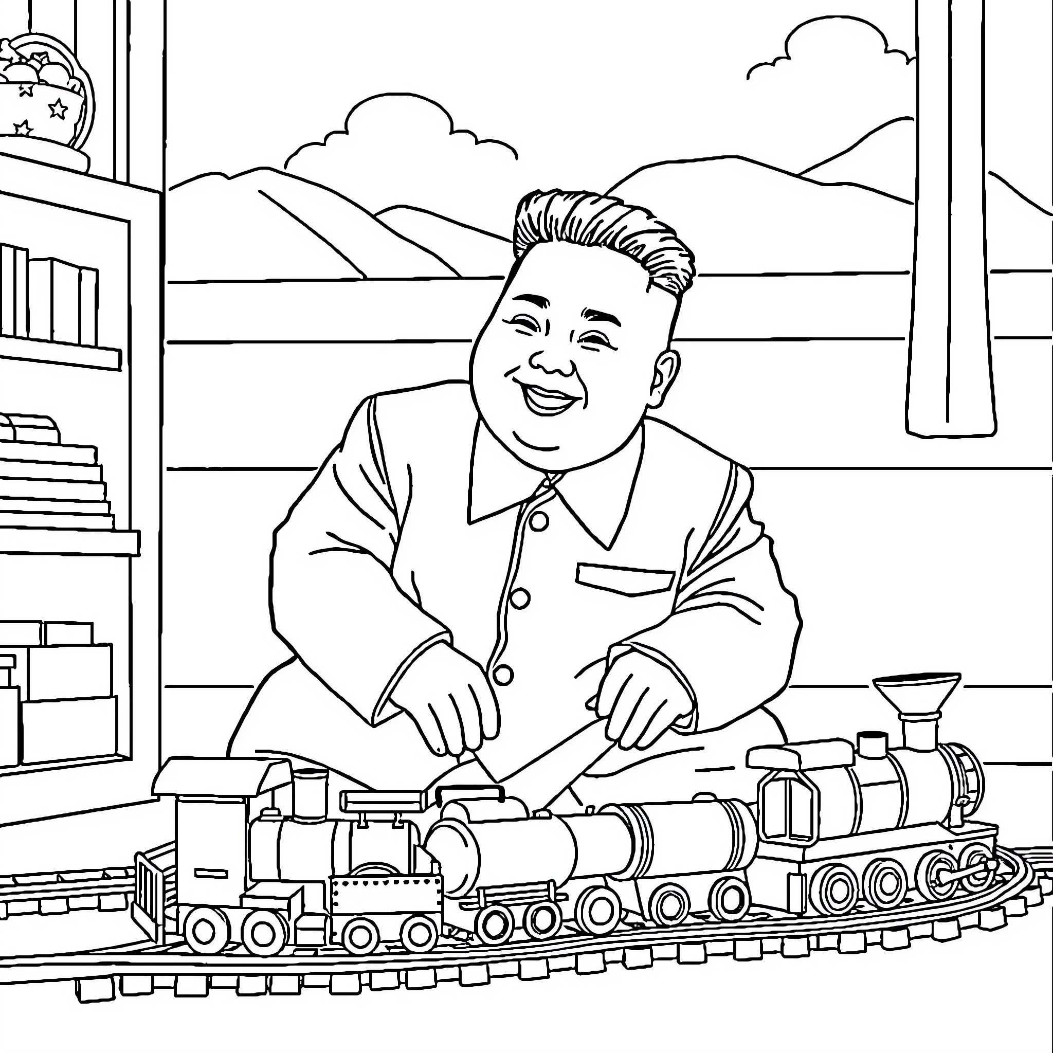 Kim Jong Un playing with toy train in office Coloring Page (free black-and-white line drawing printable PDF for all, from beginners to advanced learners, including children, teens, adults, and seniors)