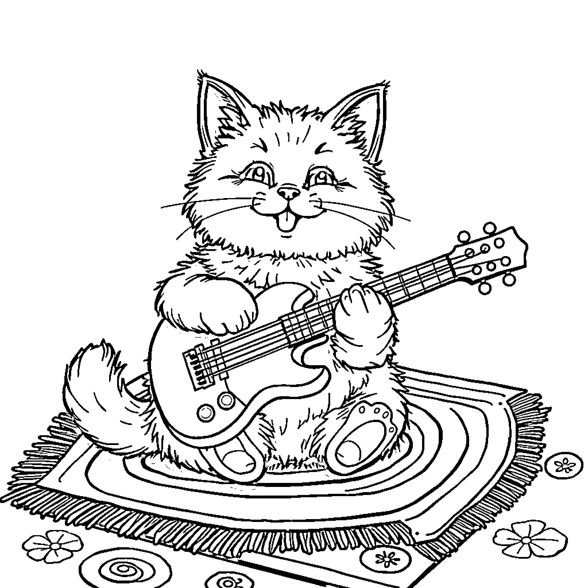 Cat rocking out with guitar on patterned rug Coloring Page (free black-and-white line drawing printable PDF for all, from beginners to advanced learners, including children, teens, adults, and seniors)