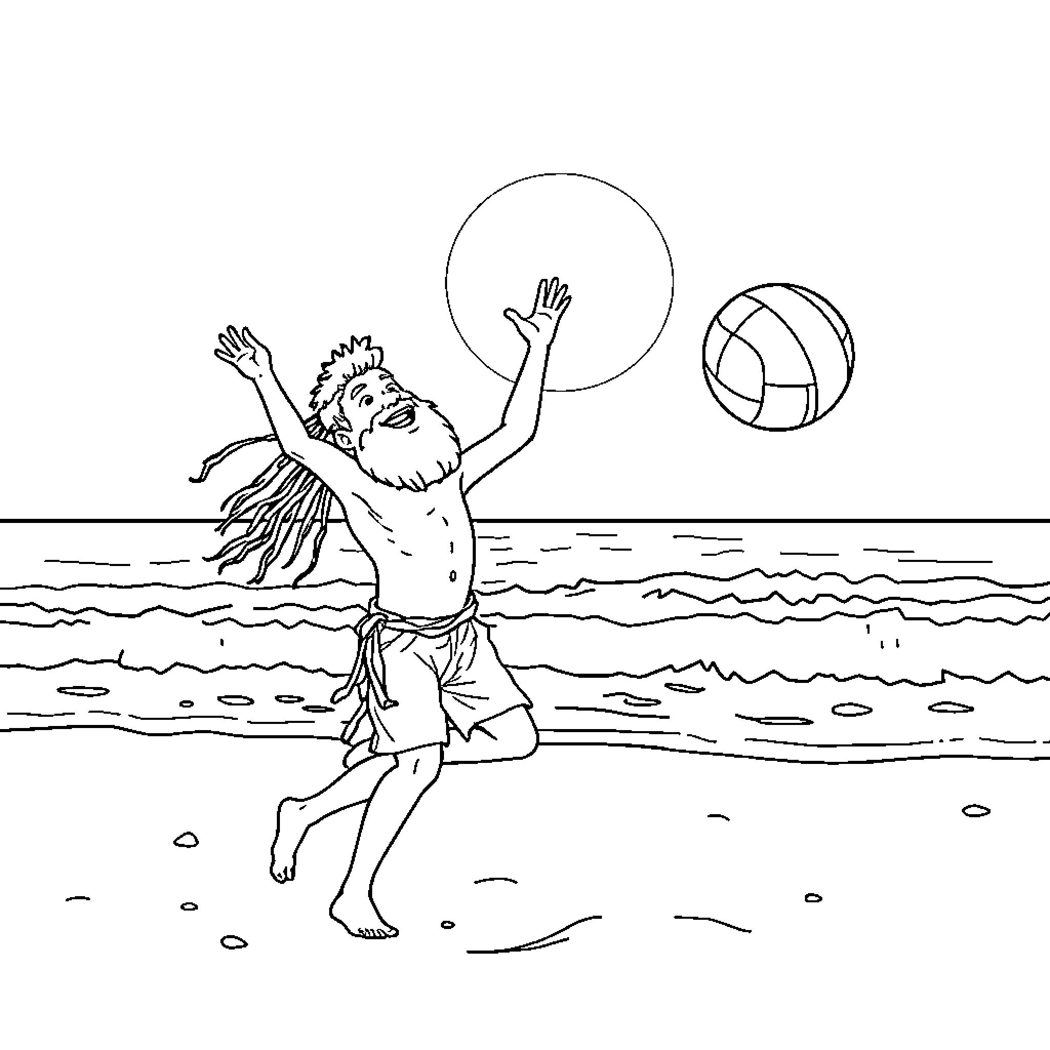 Rumi playing with a volleyball on the beach Coloring Page (free black-and-white line drawing printable PDF for all, from beginners to advanced learners, including children, teens, adults, and seniors)