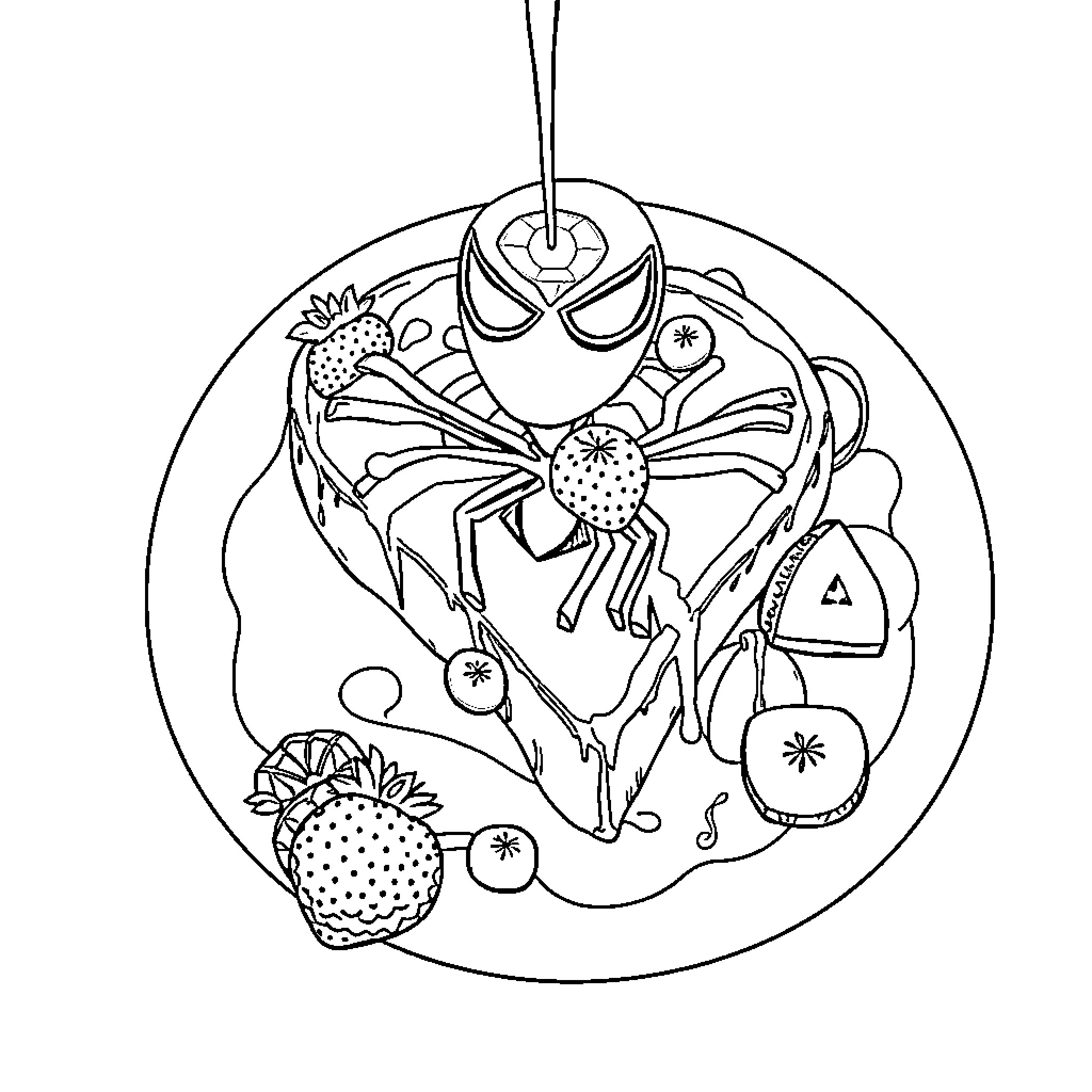 Spiderman swinging through a whimsical circle Coloring Page (free black-and-white line drawing printable PDF for all, from beginners to advanced learners, including children, teens, adults, and seniors)